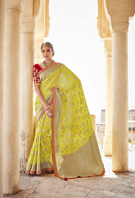 Lime Green Banarasi Silk Saree With Designer Blouse