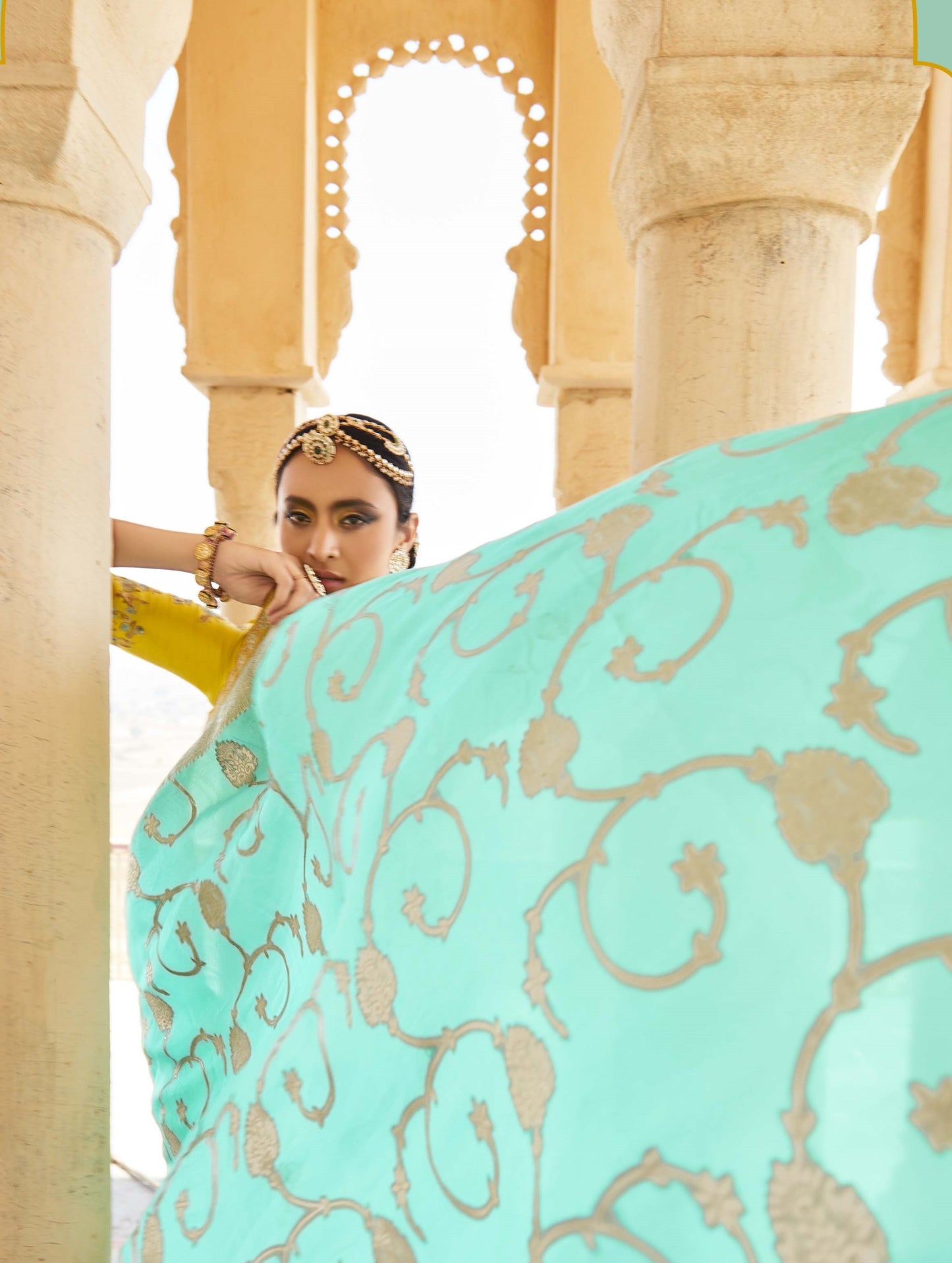 Pastel Turquoise Banarasi Silk Saree With Designer Blouse