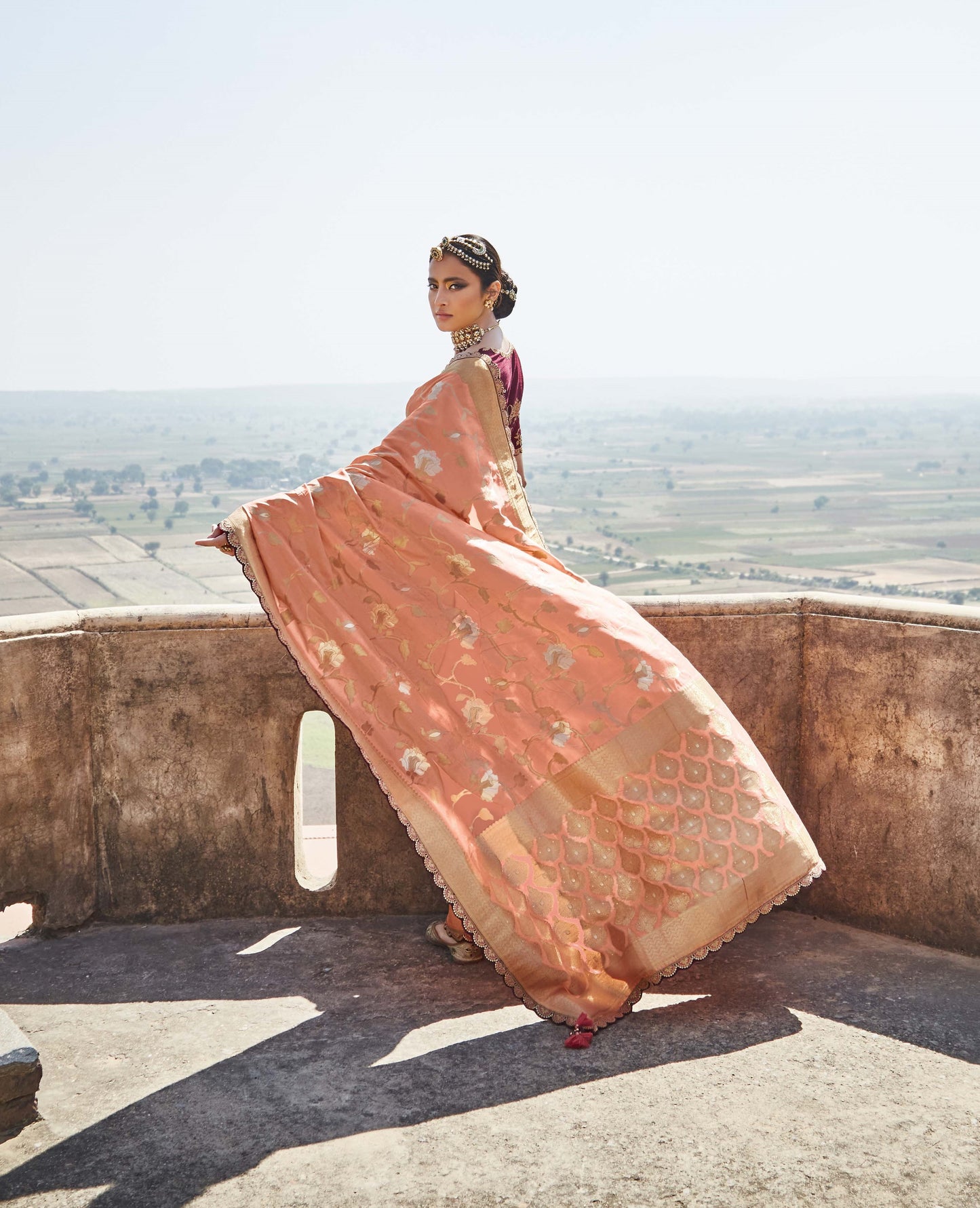 Apricot Peach Banarasi Silk Saree With Designer Blouse