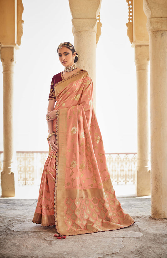 Apricot Peach Banarasi Silk Saree With Designer Blouse