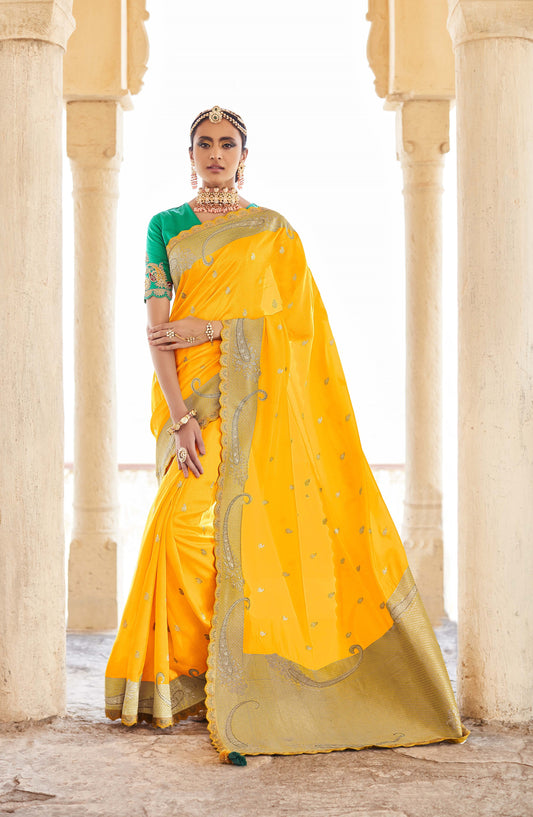 Turmeric Yellow Banarasi Silk Saree With Designer Blouse