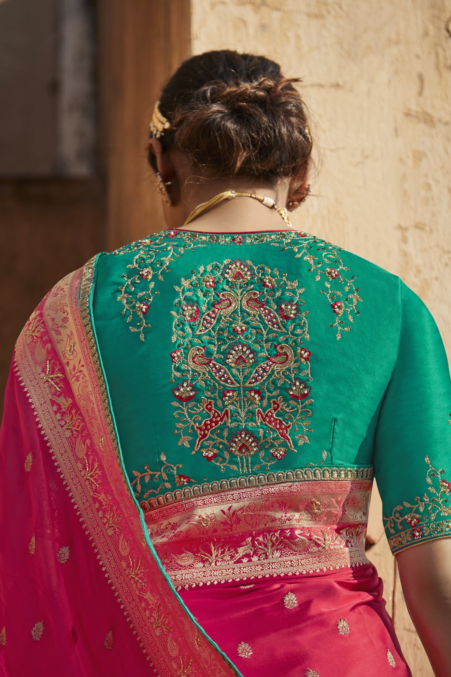 Watermelon Pink Banarasi Silk Saree