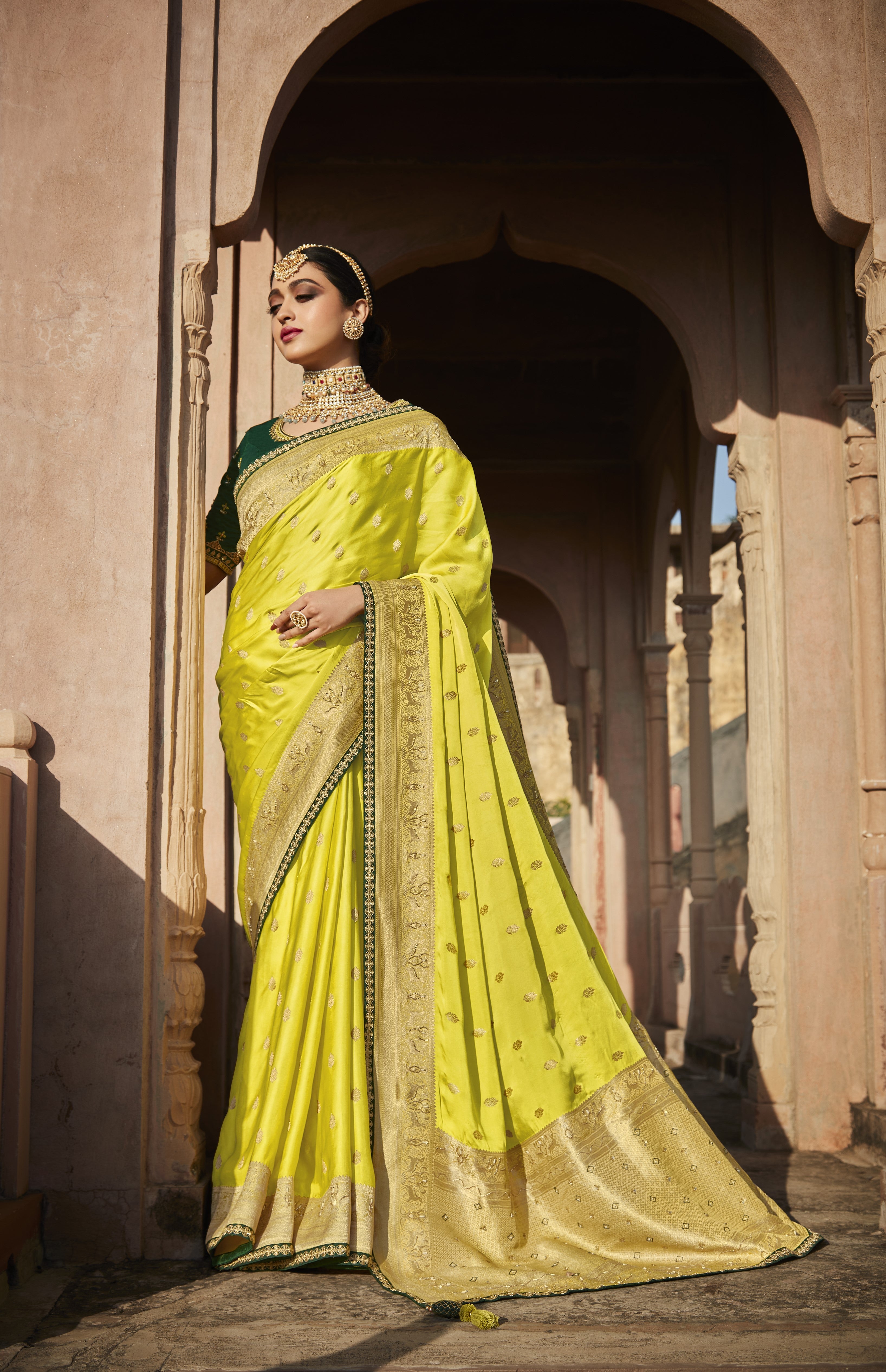 Lemon Yellow Banarasi Munga Silk Saree – Kashisilks