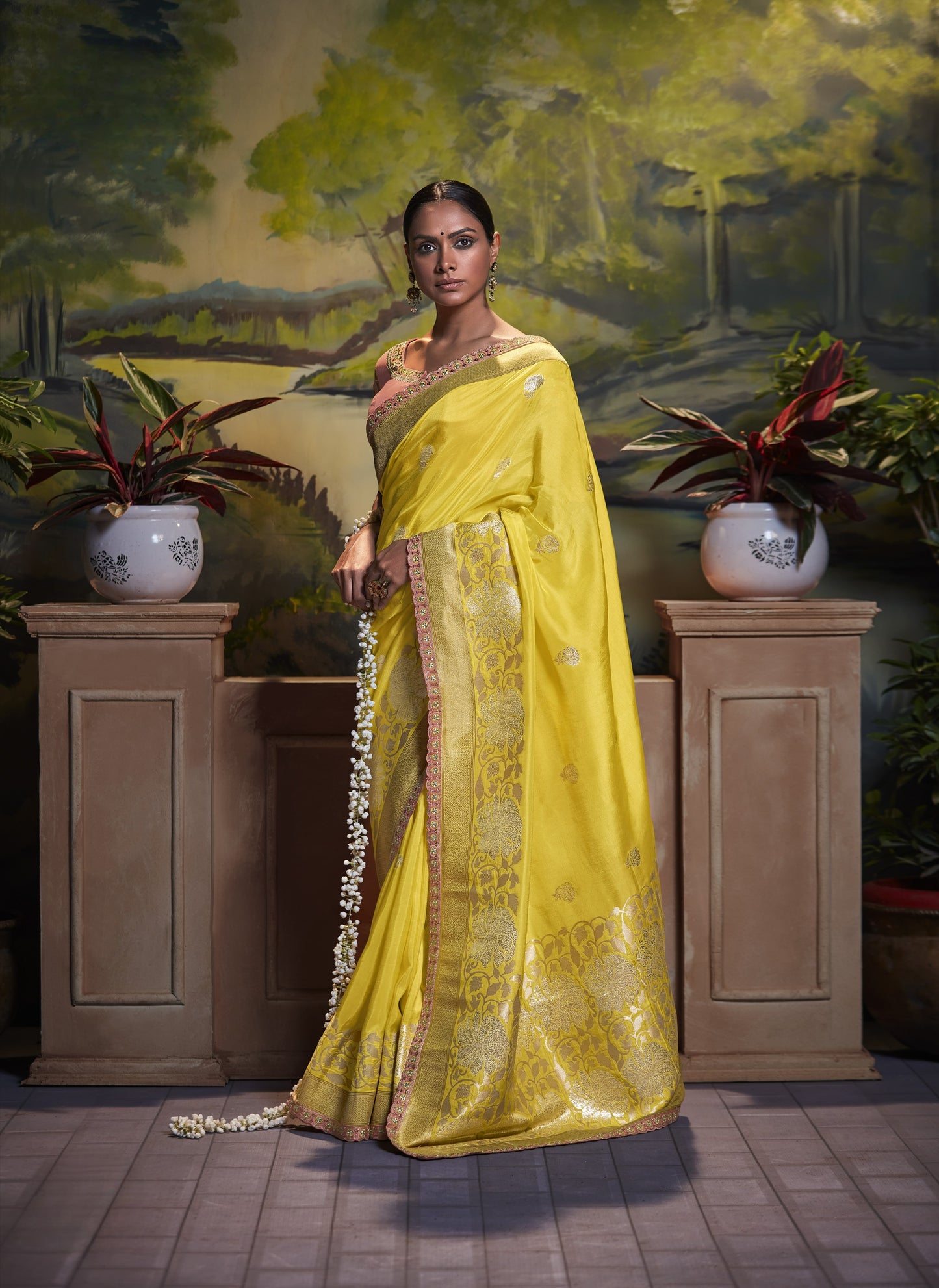 Canary Yellow Banarasi Silk Saree With Designer Blouse