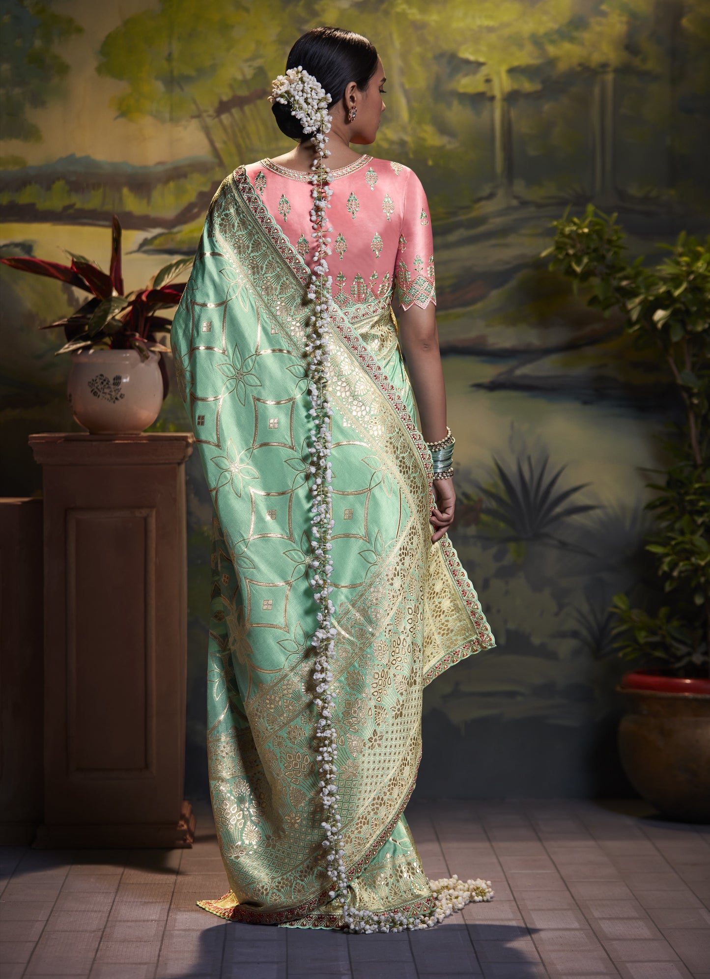 Pistachio Green Banarasi Silk Saree With Designer Blouse