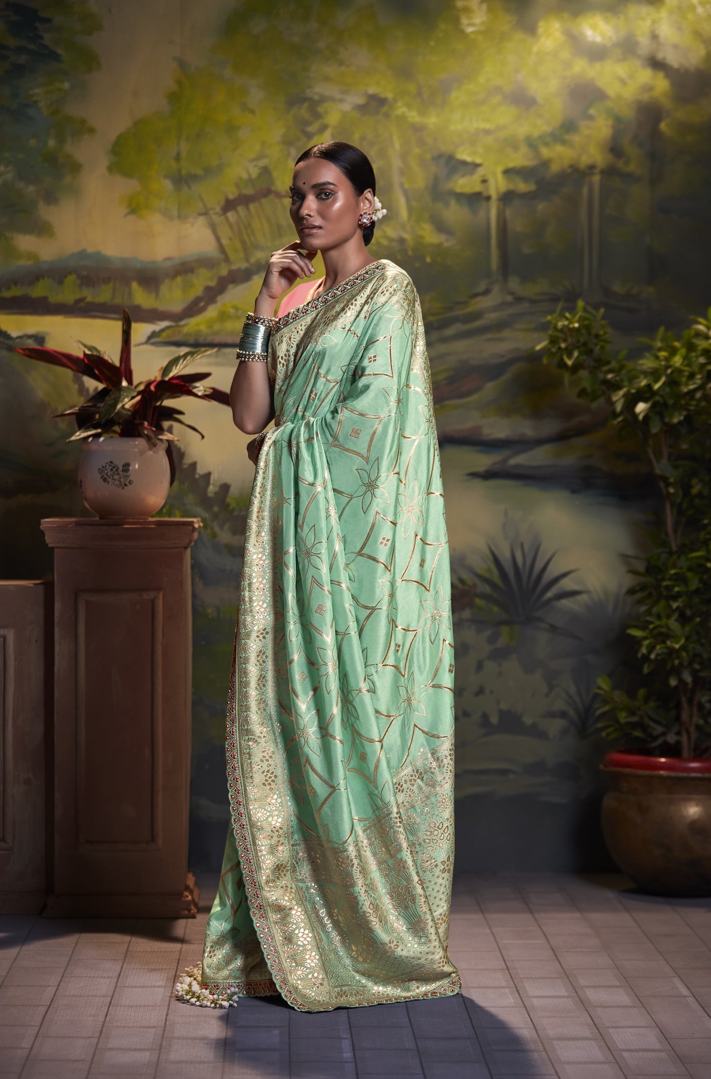 Pistachio Green Banarasi Silk Saree With Designer Blouse