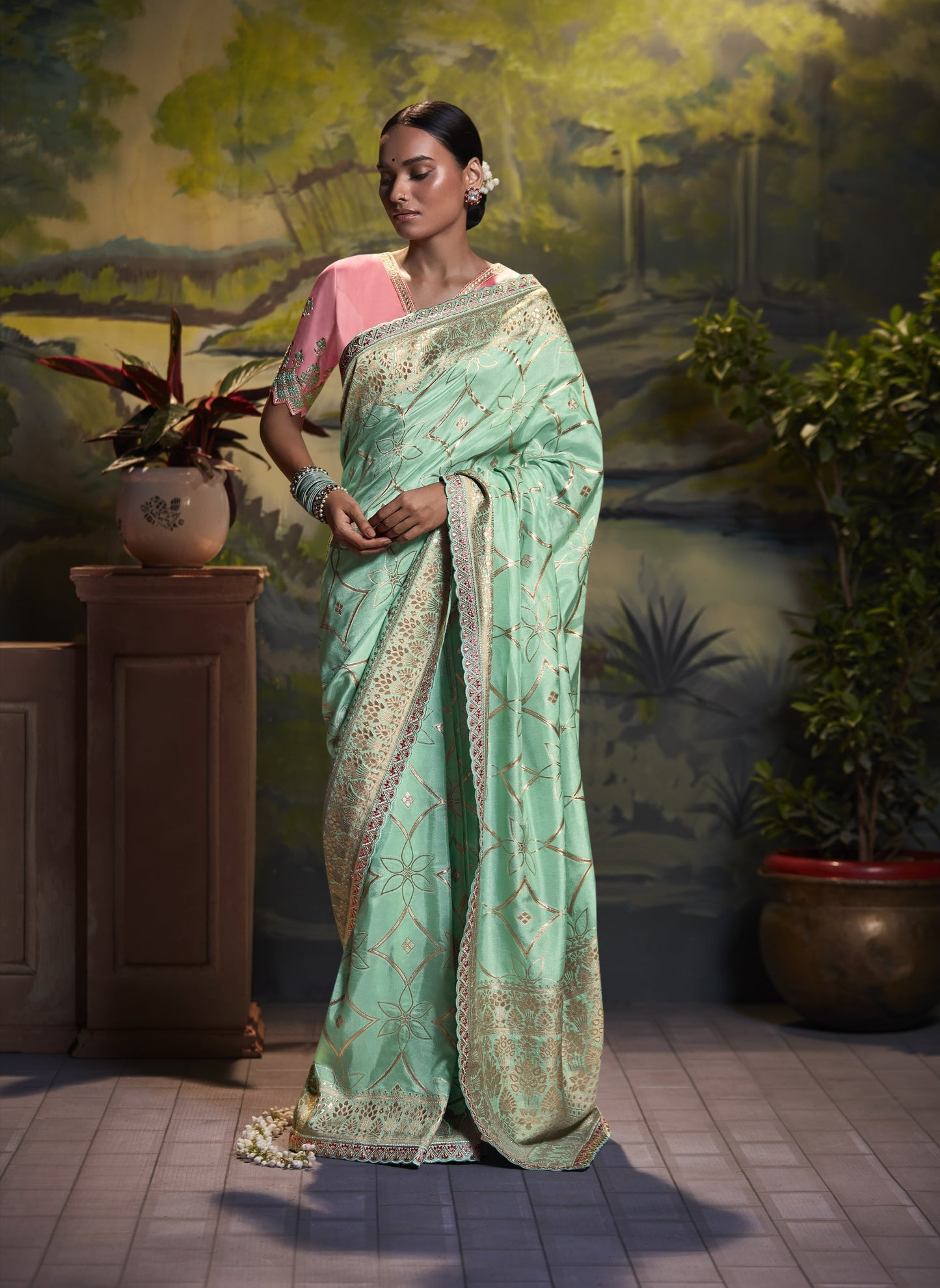 Pistachio Green Banarasi Silk Saree With Designer Blouse