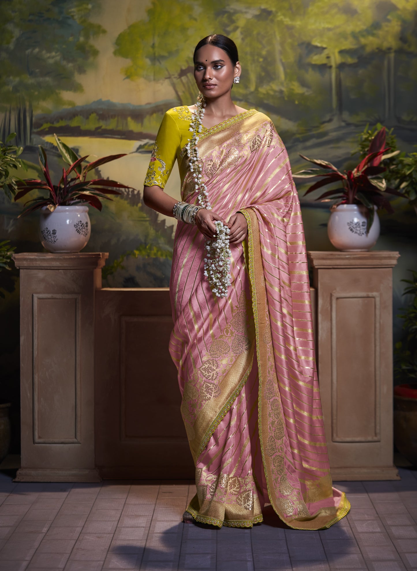 Blush Pink Zari Stripes Banarasi Silk Saree With Designer Blouse