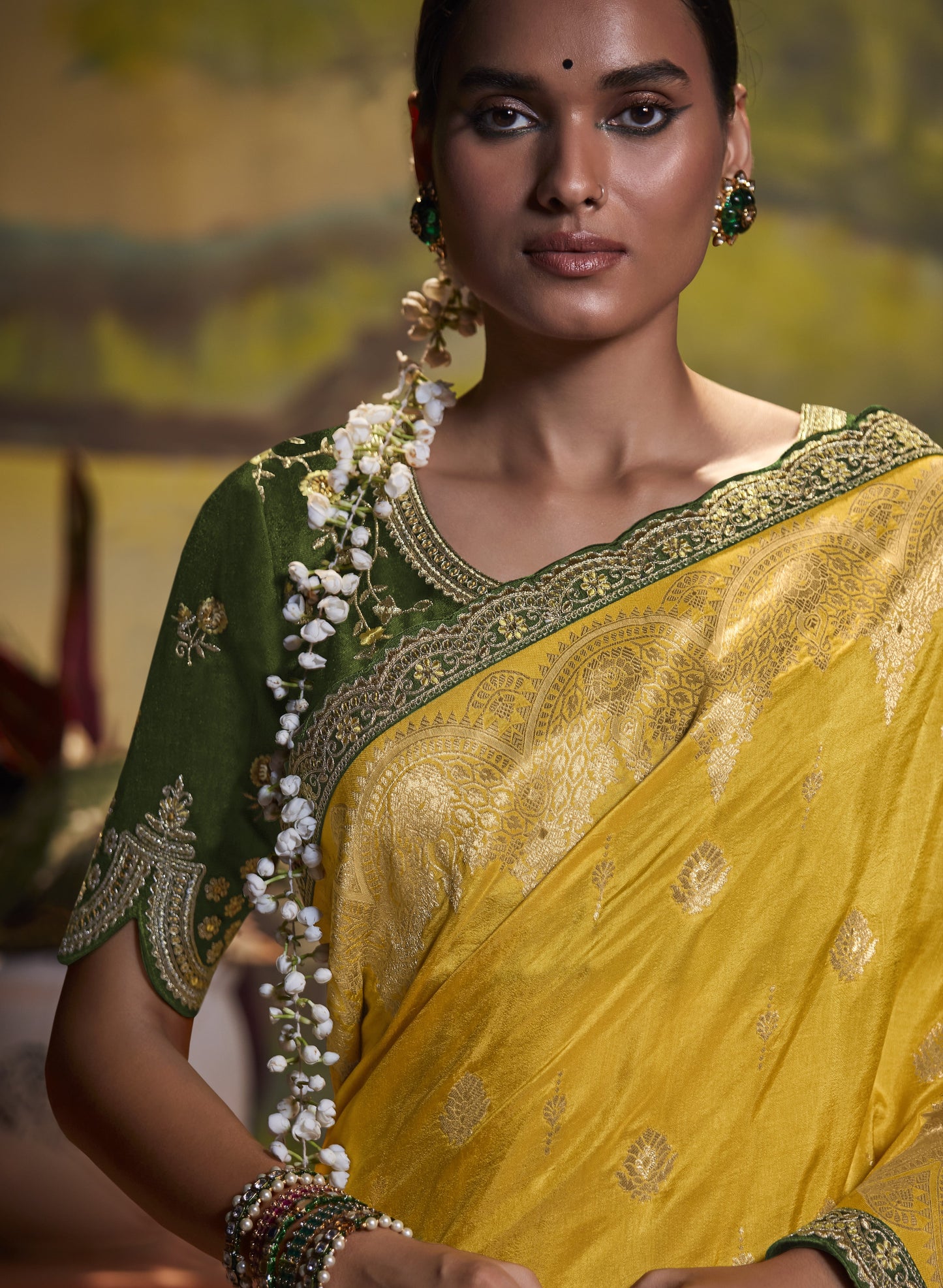 Mustard Yellow Banarasi Silk Saree With Designer Blouse