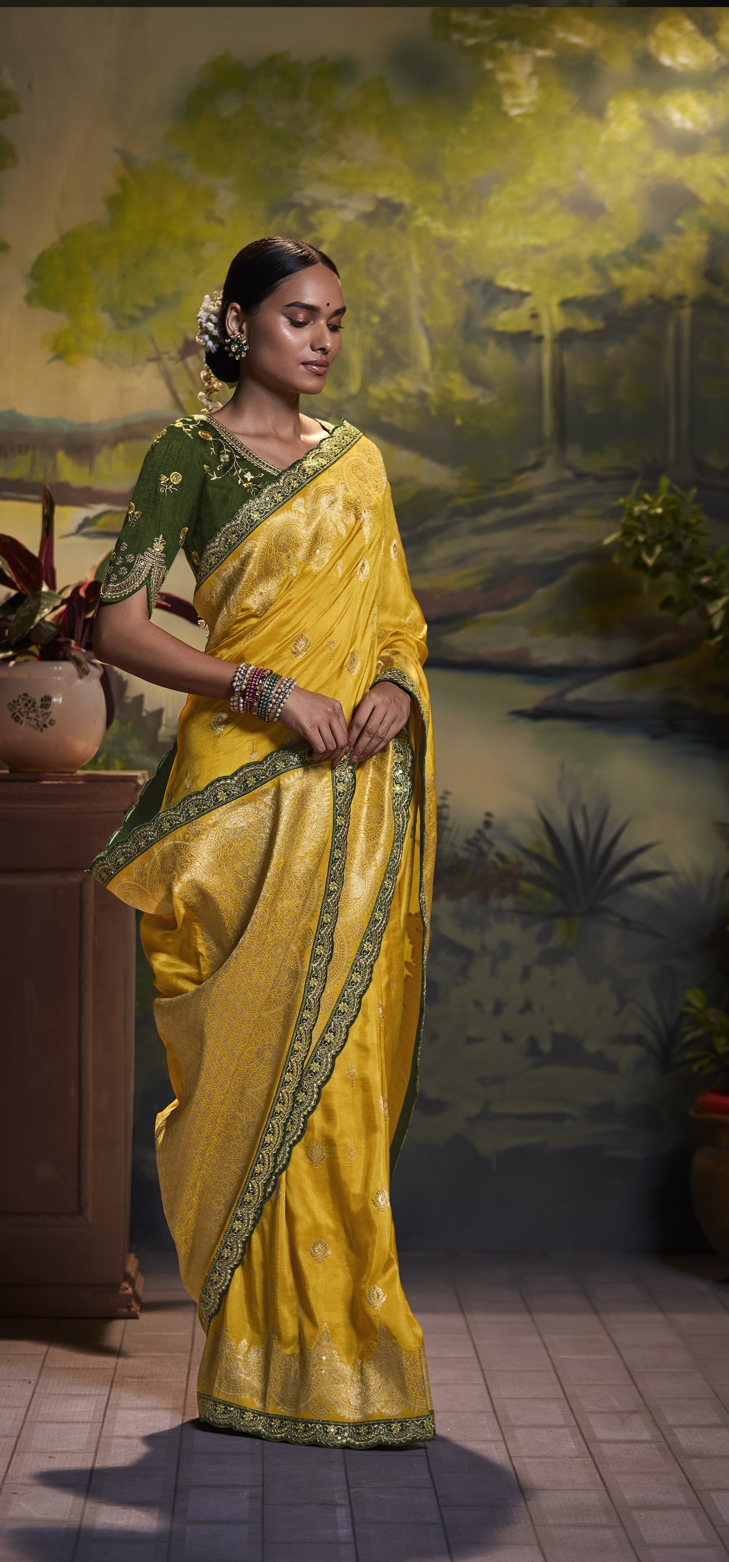 Mustard Yellow Banarasi Silk Saree With Designer Blouse