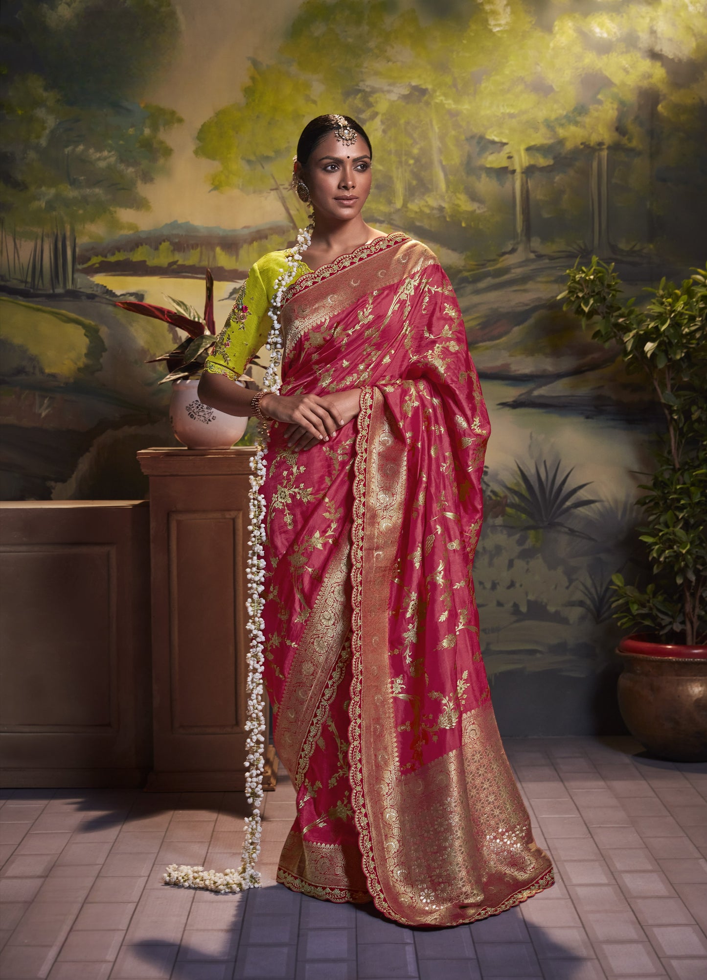 Carnation Red Banarasi Silk Saree With Designer Blouse