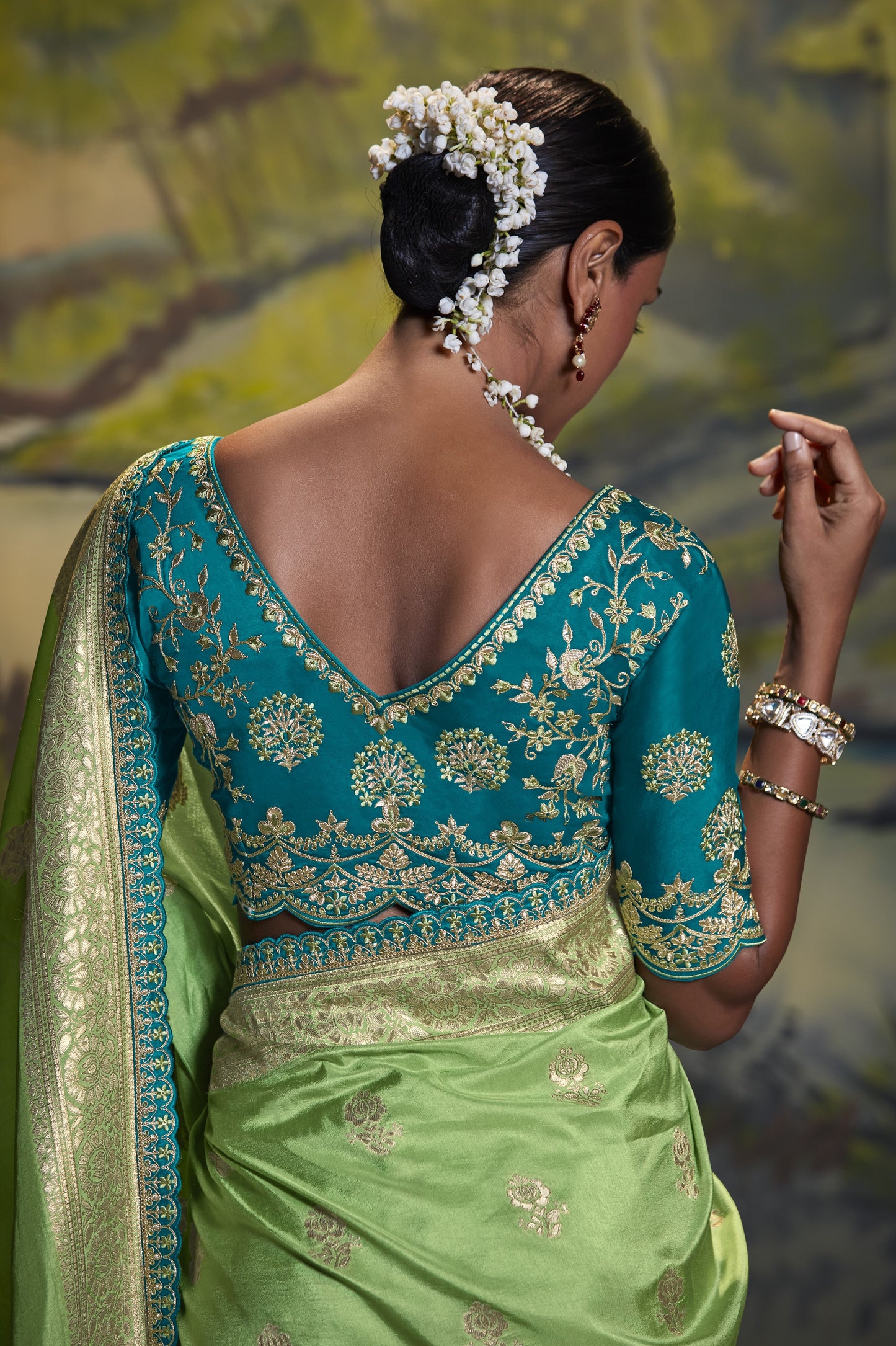 Sage Green Banarasi Silk Saree With Designer Blouse