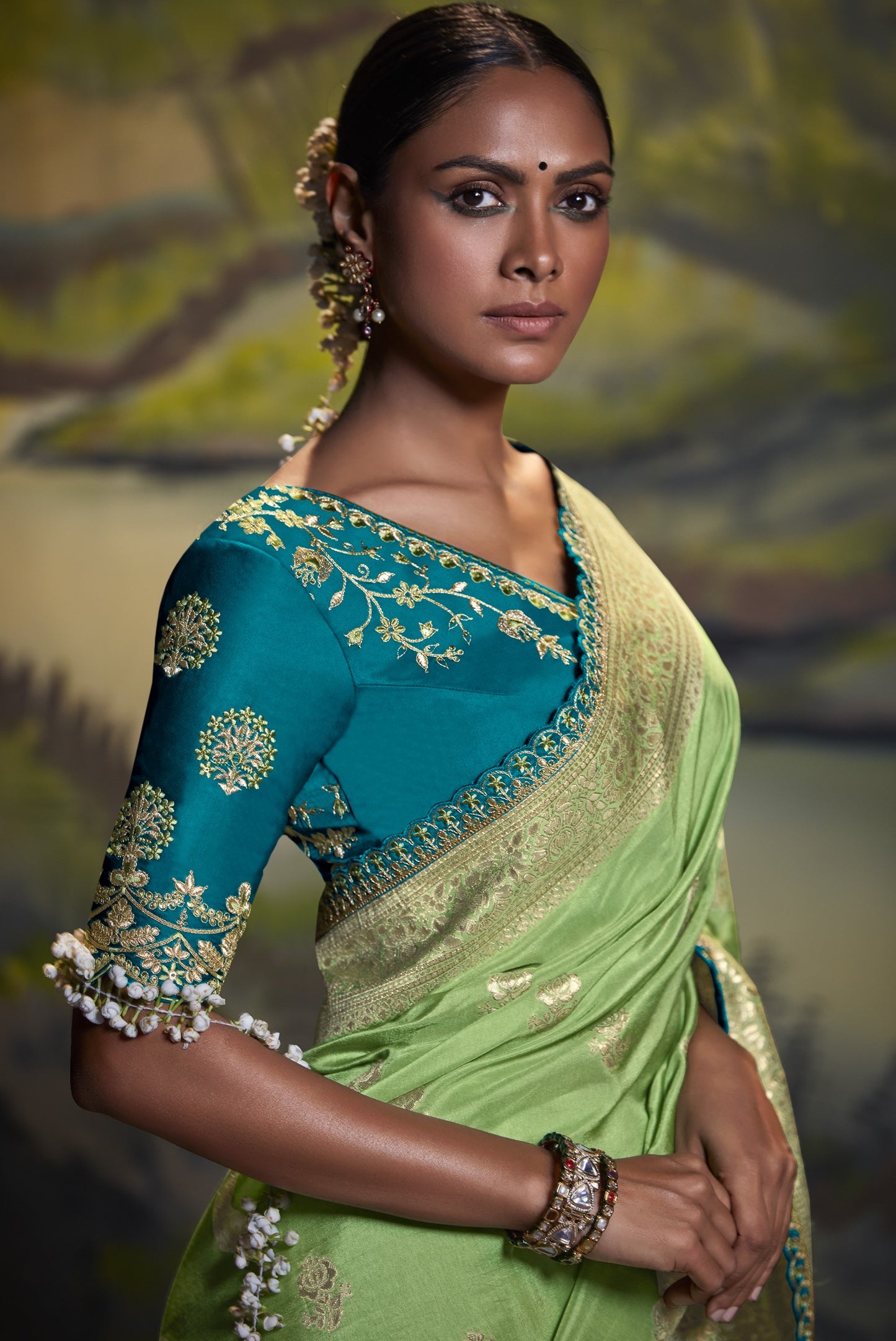 Sage Green Banarasi Silk Saree With Designer Blouse