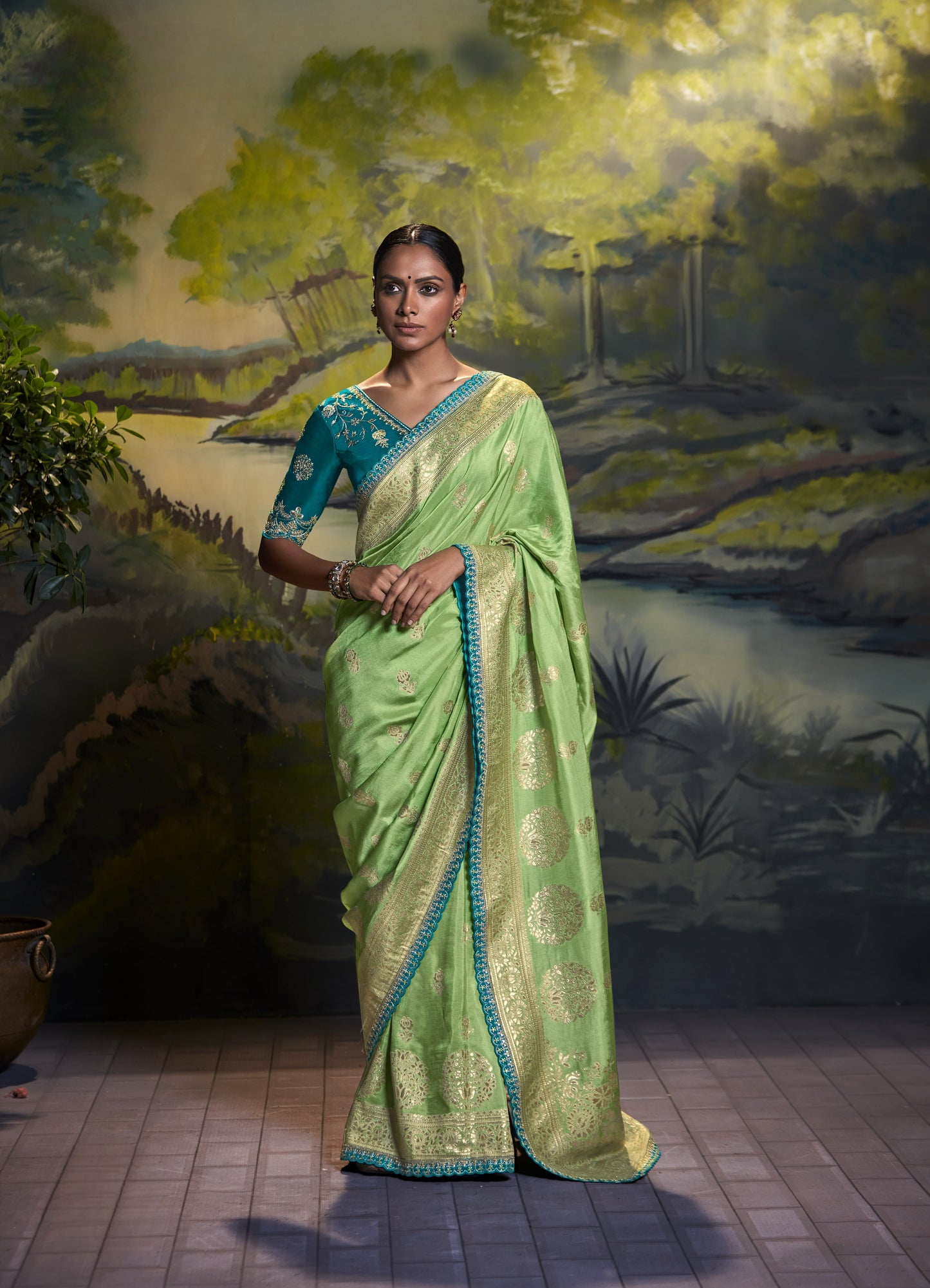 Sage Green Banarasi Silk Saree With Designer Blouse