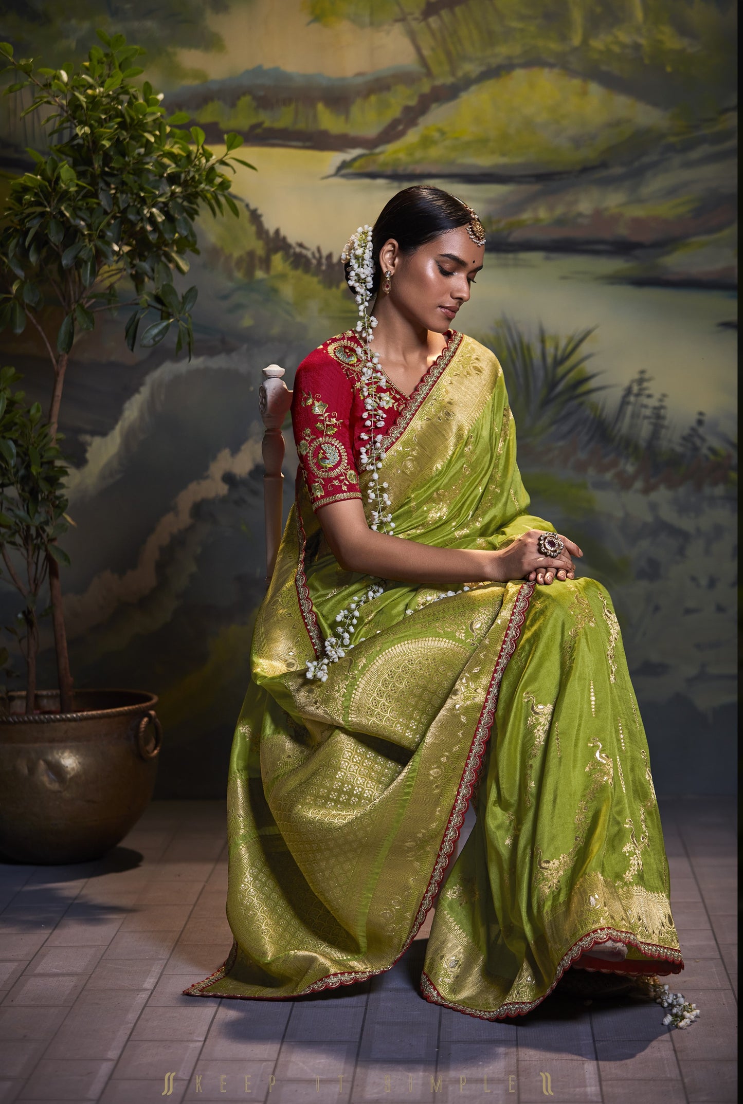 Moss Green Banarasi Silk Saree With Designer Blouse