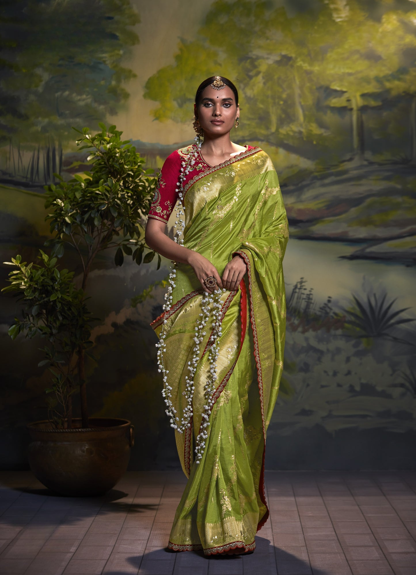 Moss Green Banarasi Silk Saree With Designer Blouse