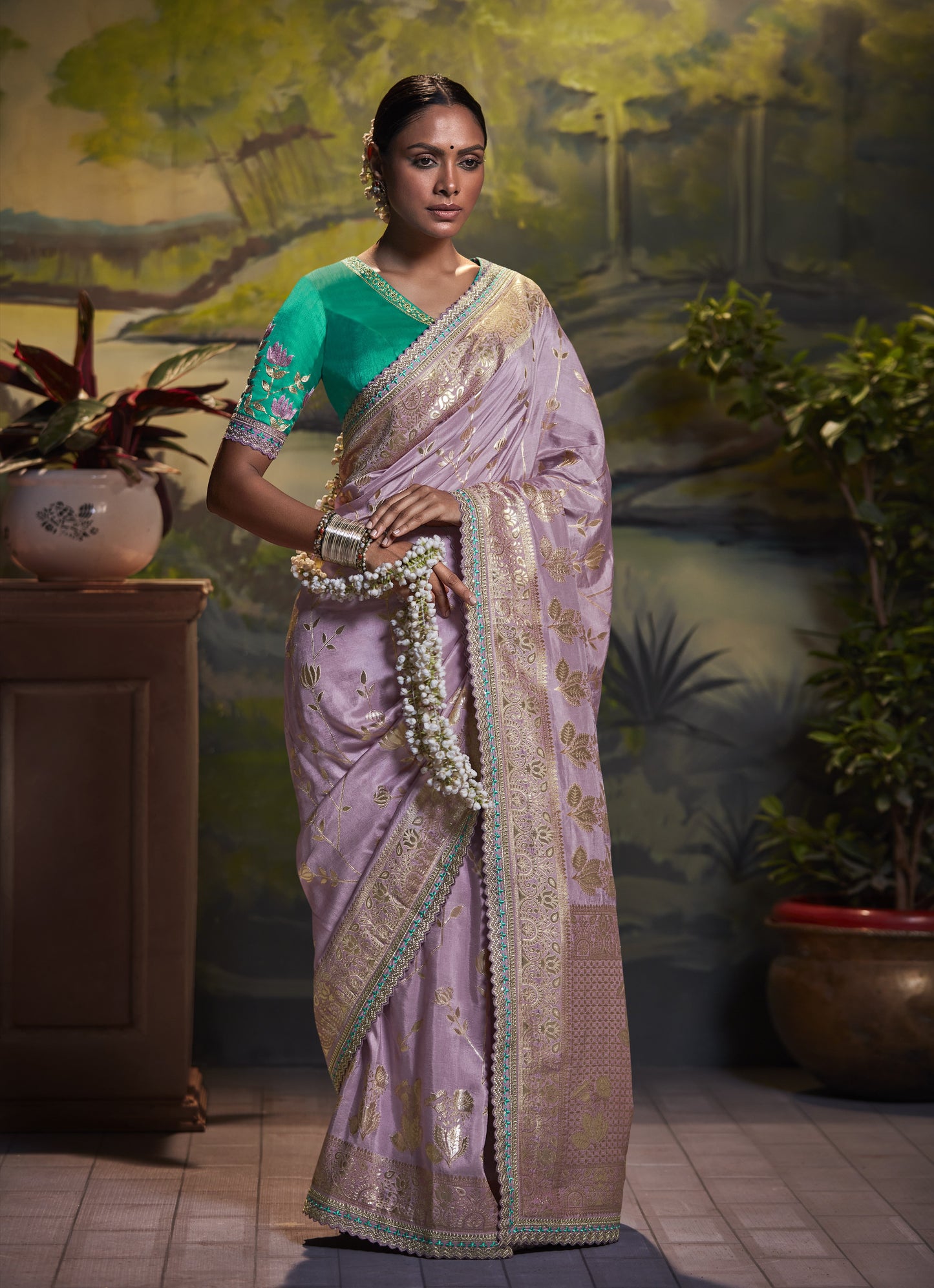 Lavendar Purple Banarasi Silk Saree With Designer Blouse