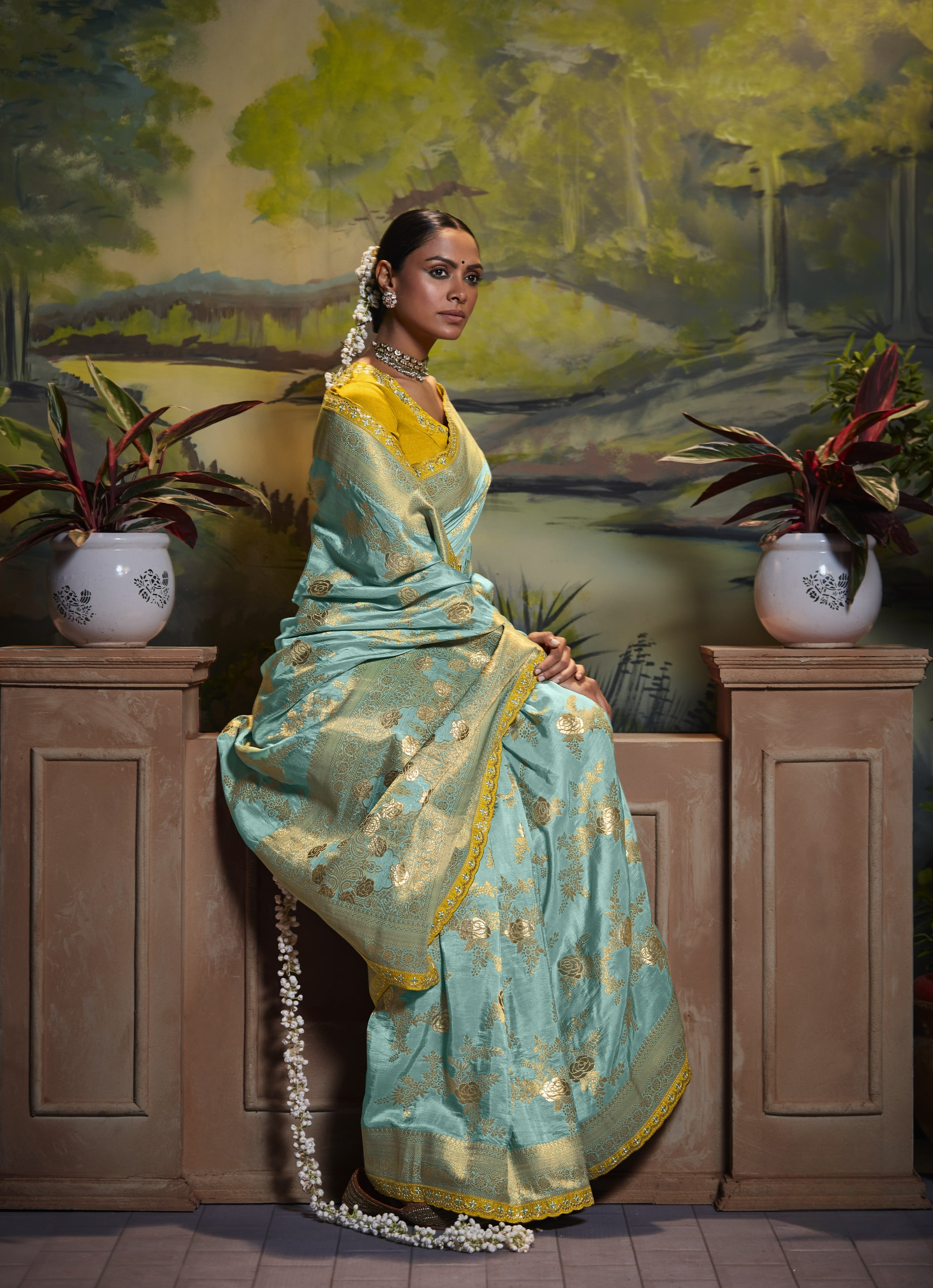 Buy Sky Blue and Golden Flower Banarasi Silk Saree With Unstitched Blouse  Piece-7622