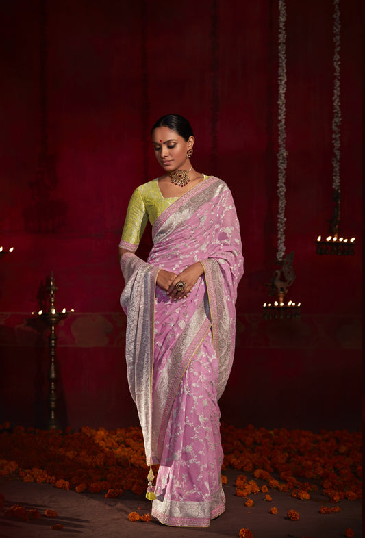 Blush Pink Khaddi Georgette Banarasi Silk Saree