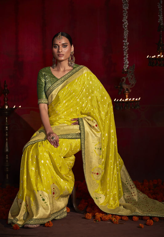 Bright Green Khaddi Georgette Banarasi Silk Saree