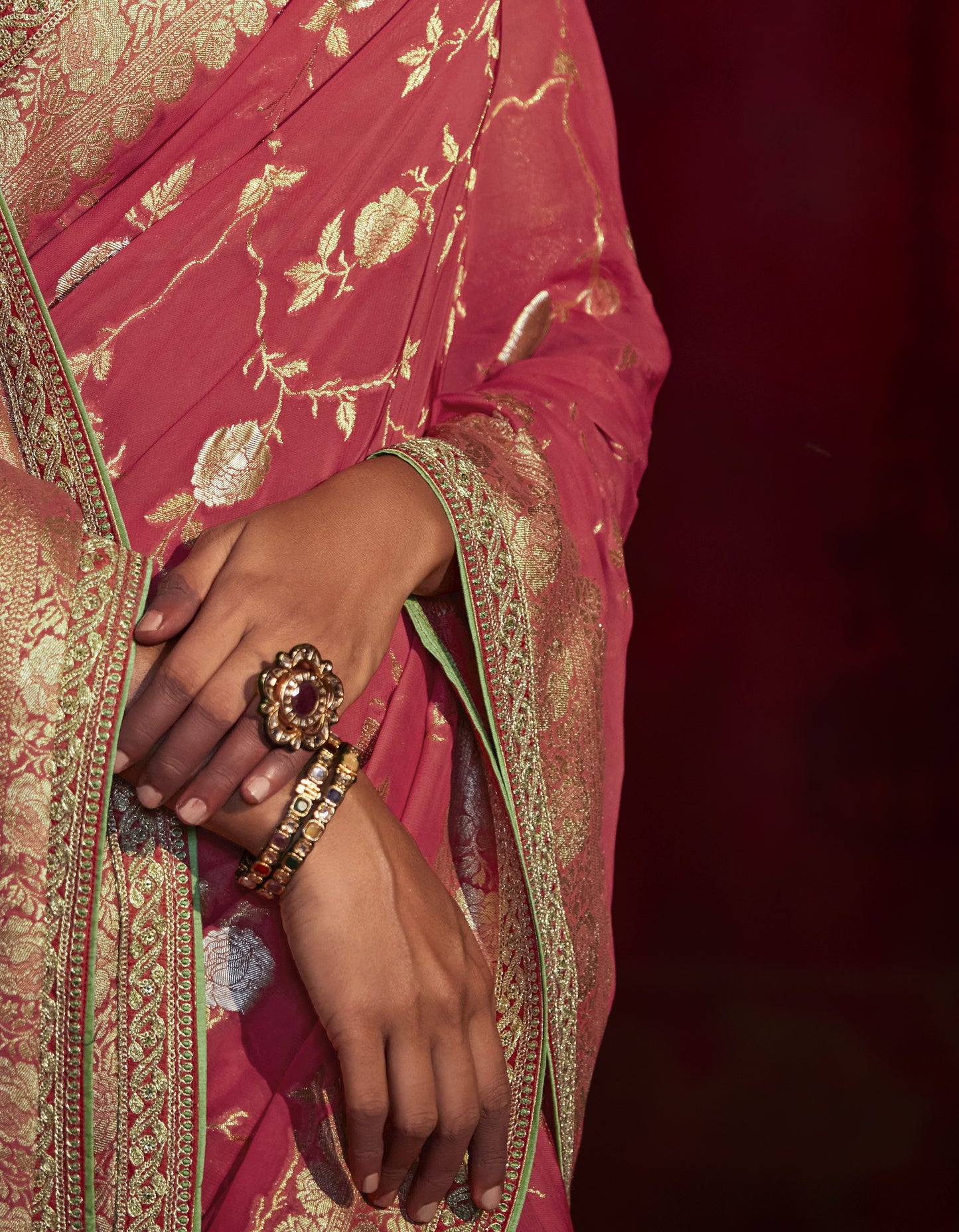 Brick Red Khaddi Georgette Banarasi Silk Saree