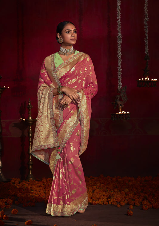 Brick Red Khaddi Georgette Banarasi Silk Saree