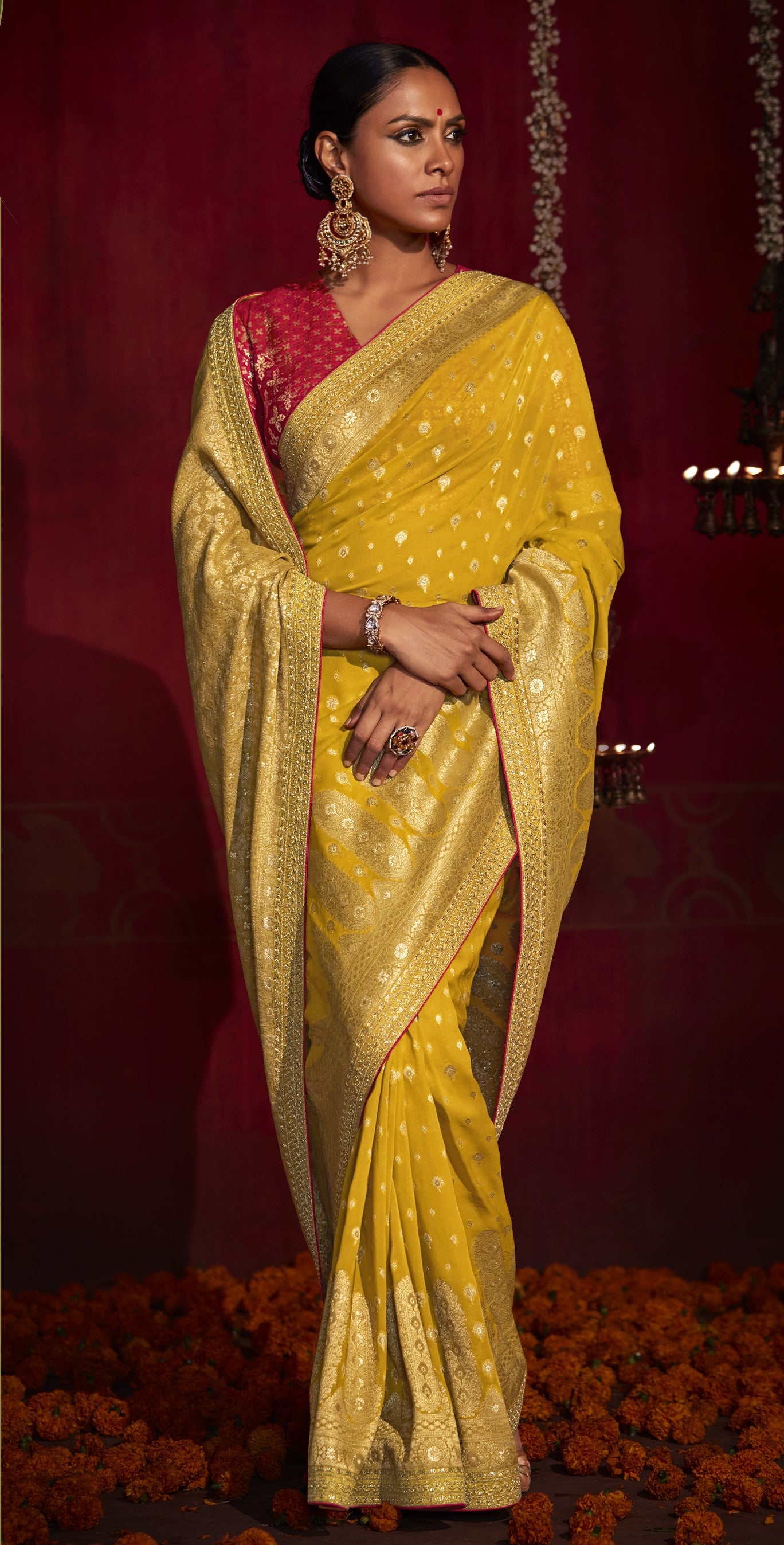 Mustard Yellow Color Banarasi Khaddi Georgette Saree - Etsy