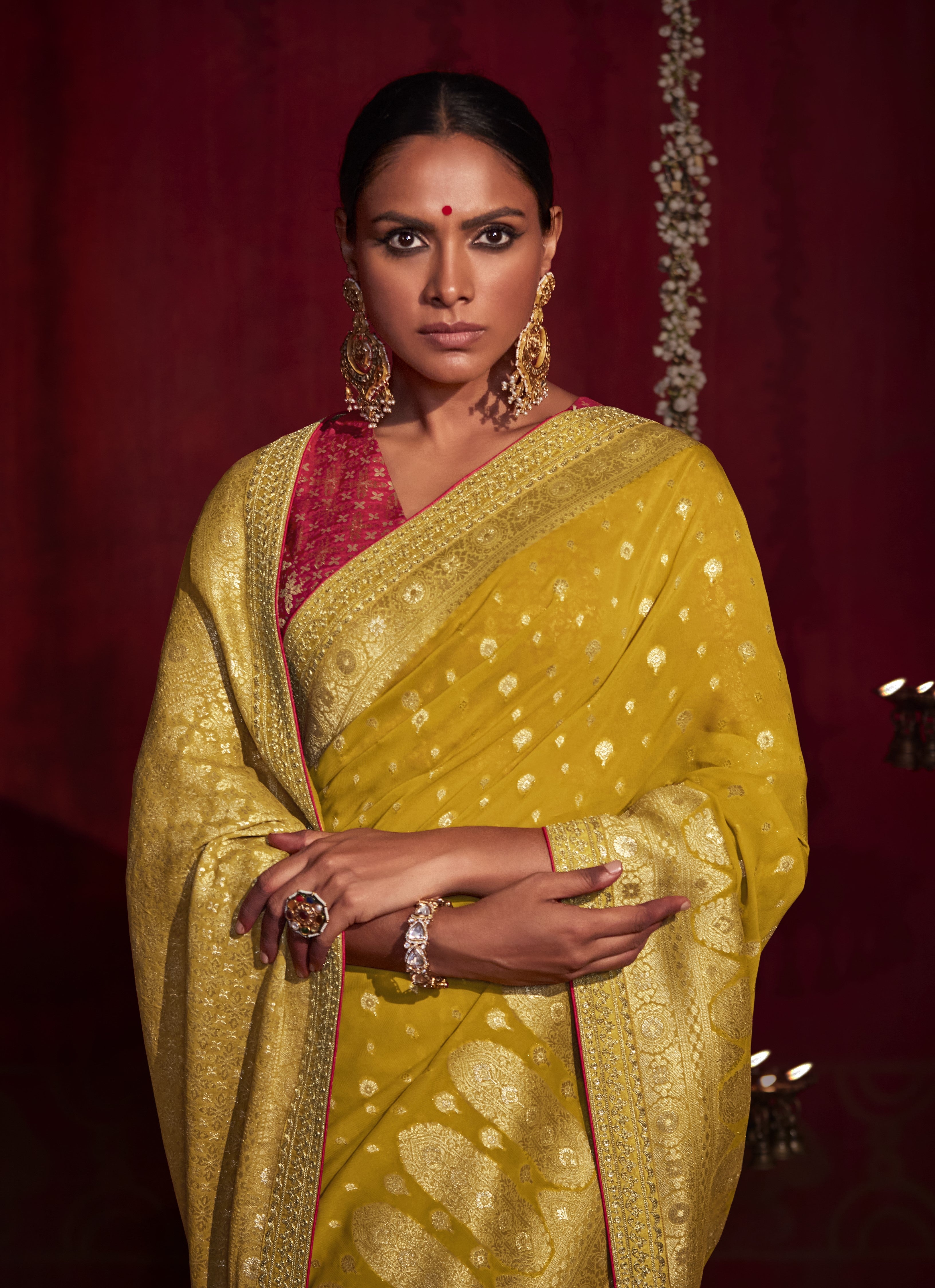 Mustard Yellow Khaddi Georgette Banarasi Silk Saree – STORI