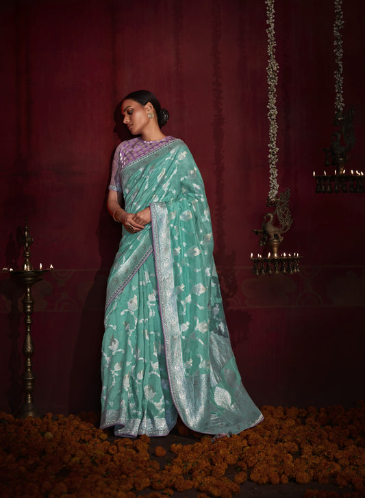 Seafoam Blue Khaddi Georgette Banarasi Silk Saree