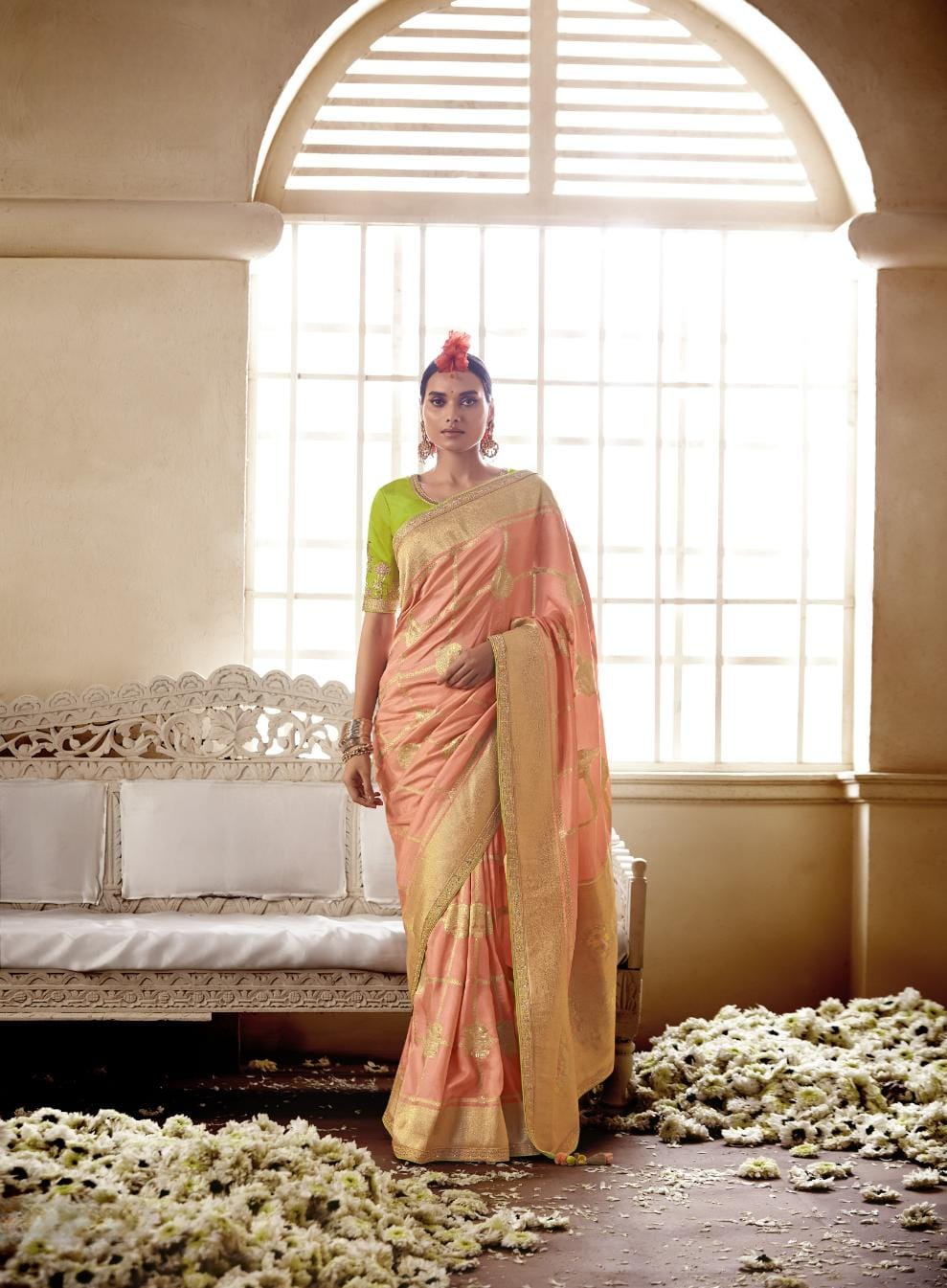 Amber Peach Banarasi Silk Saree With Designer Blouse