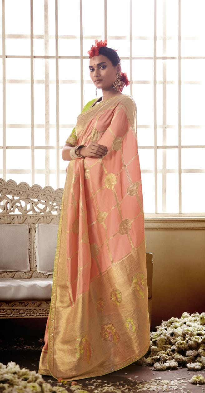 Amber Peach Banarasi Silk Saree With Designer Blouse