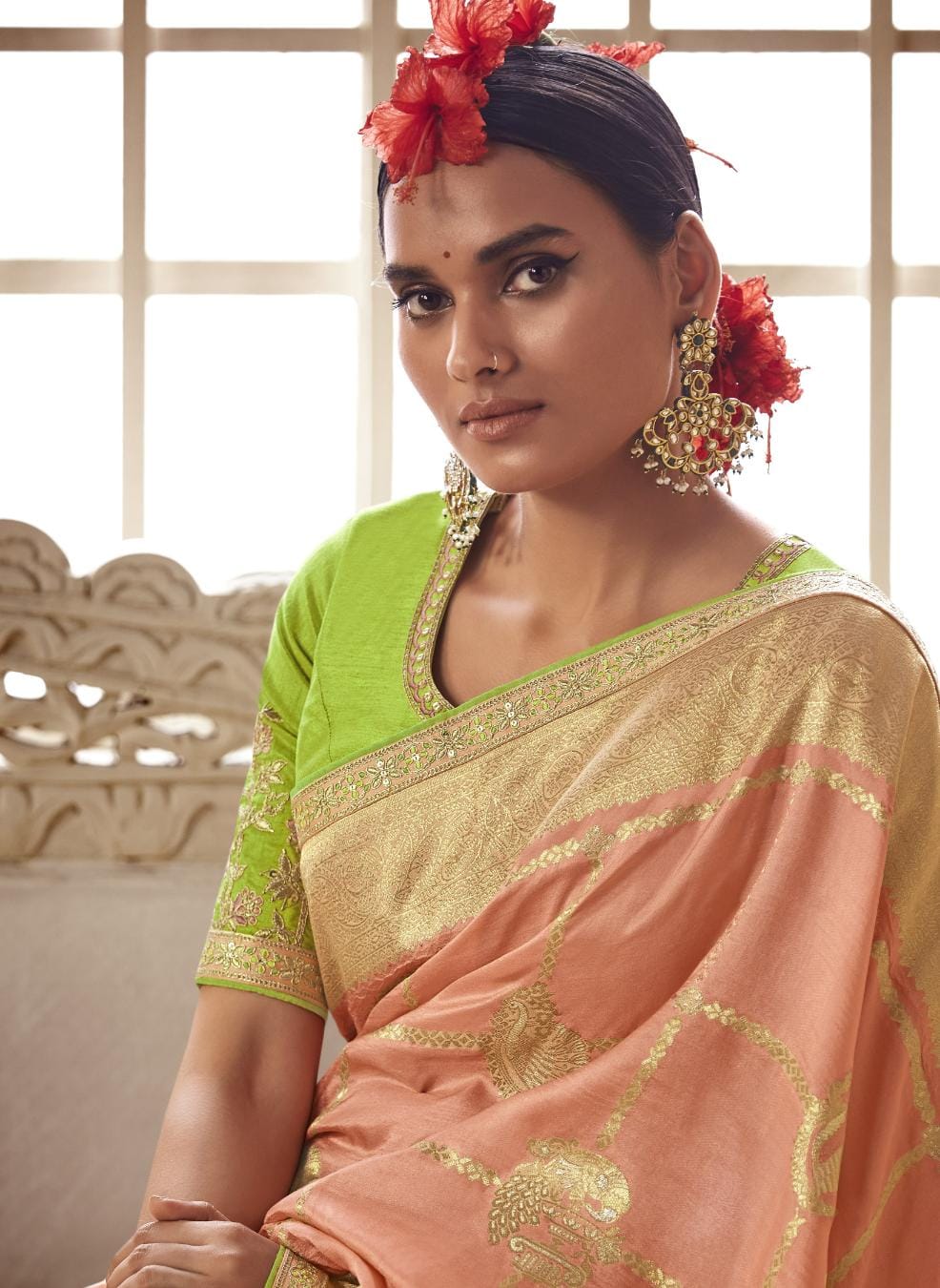 Amber Peach Banarasi Silk Saree With Designer Blouse