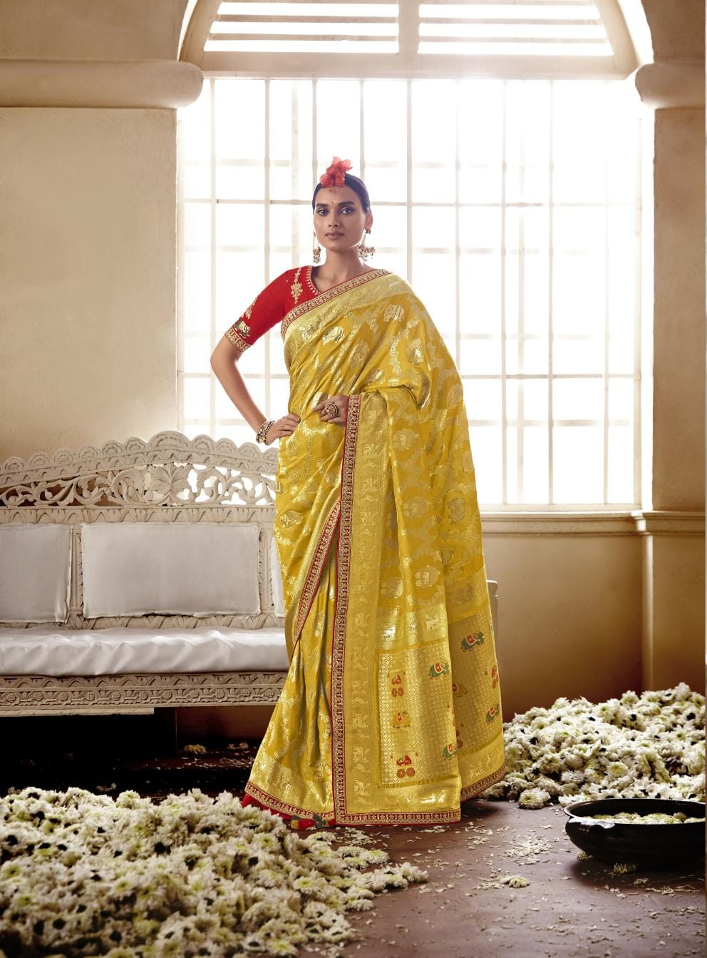 Mustard Yellow Banarasi Silk Saree With Designer Blouse