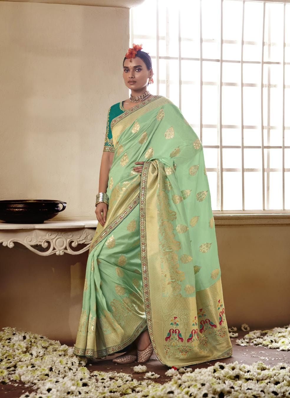 Mint Green Banarasi Silk Saree With Designer Blouse