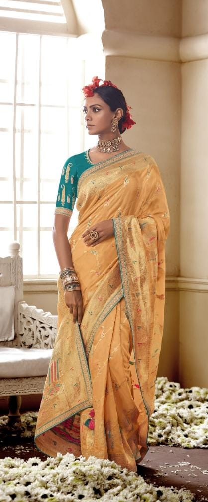 Sand Yellow Banarasi Silk Saree With Designer Blouse