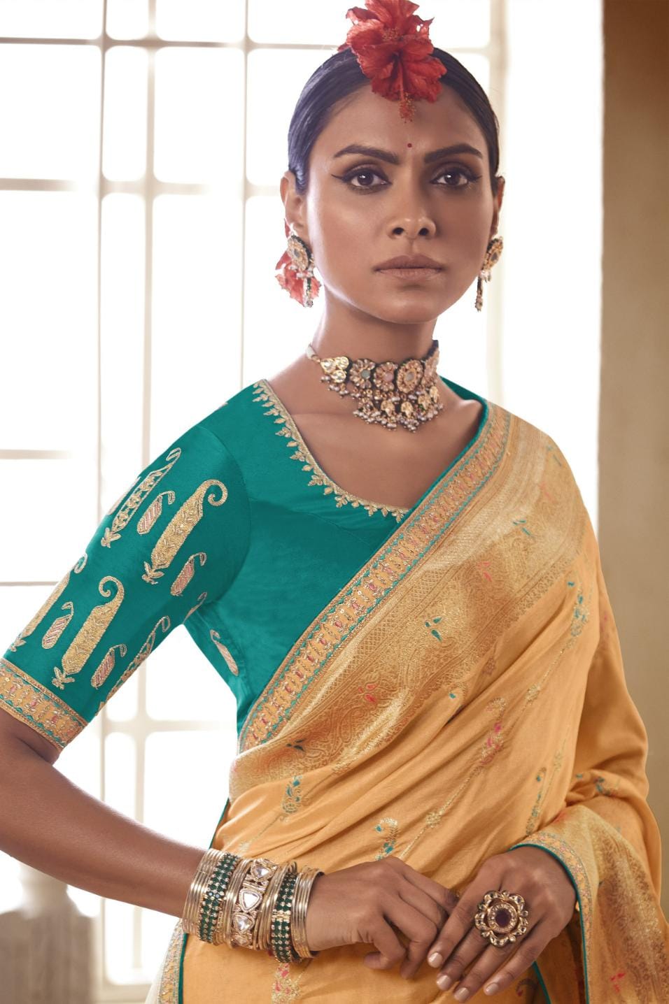 Sand Yellow Banarasi Silk Saree With Designer Blouse