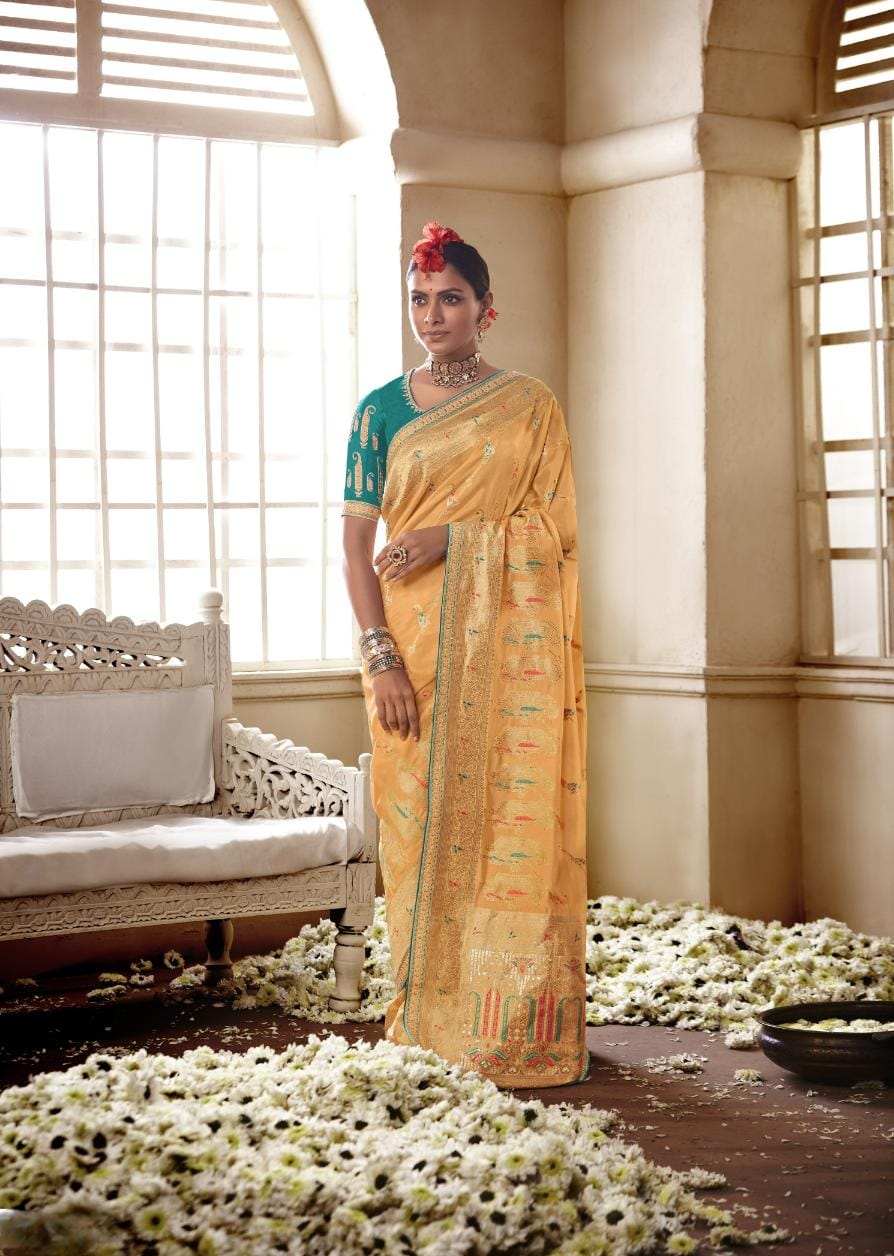 Sand Yellow Banarasi Silk Saree With Designer Blouse