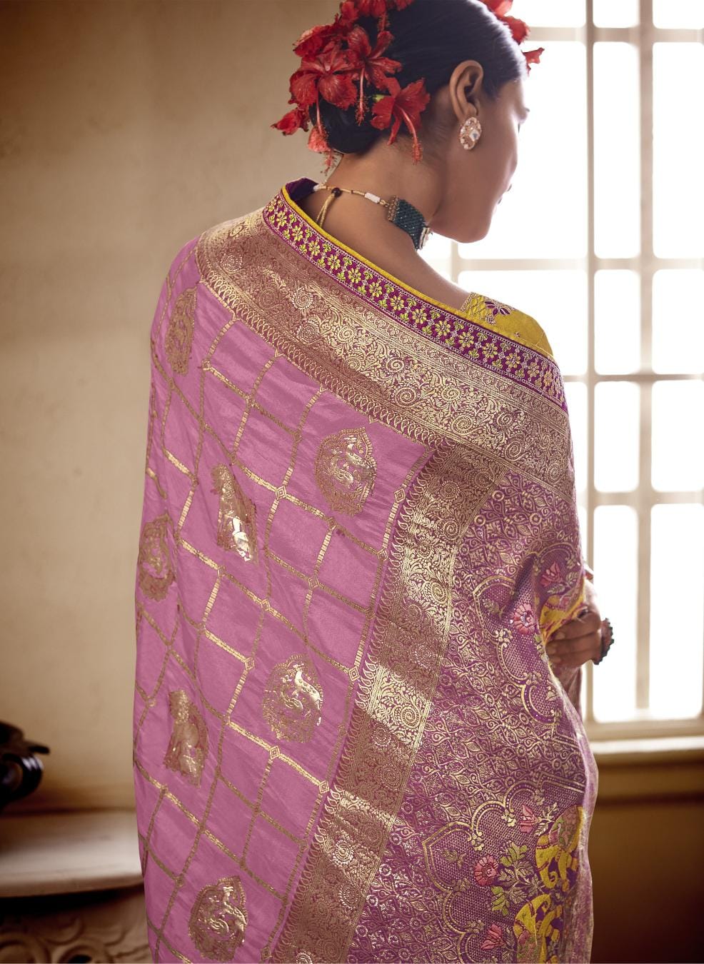 Rose Pink Banarasi Silk Saree With Designer Blouse