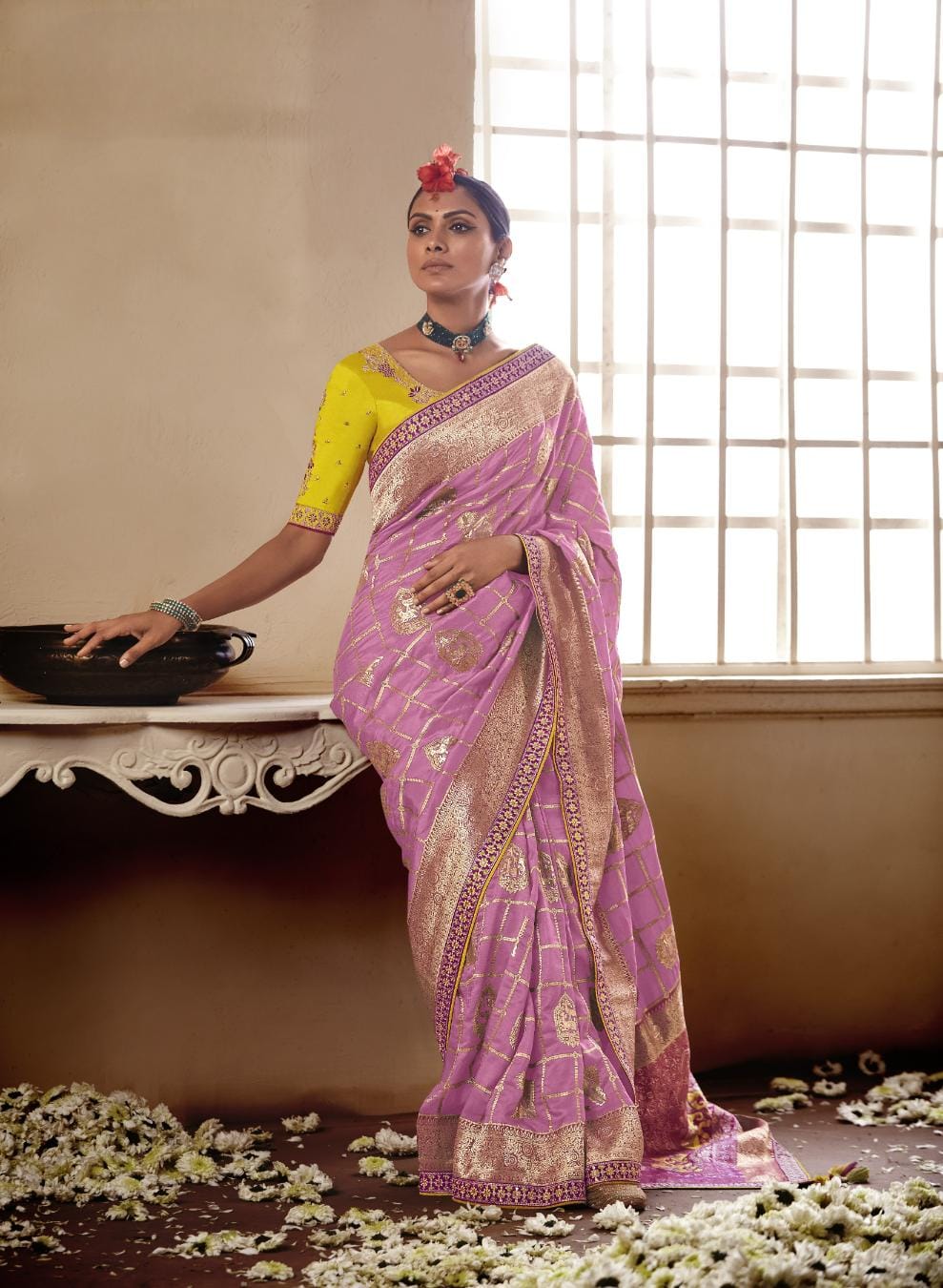 Rose Pink Banarasi Silk Saree With Designer Blouse