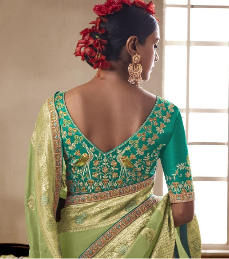 Buy Captivating Green Color Nylon Net Sequence Embroidered Work Saree Blouse  – Ville Fashions