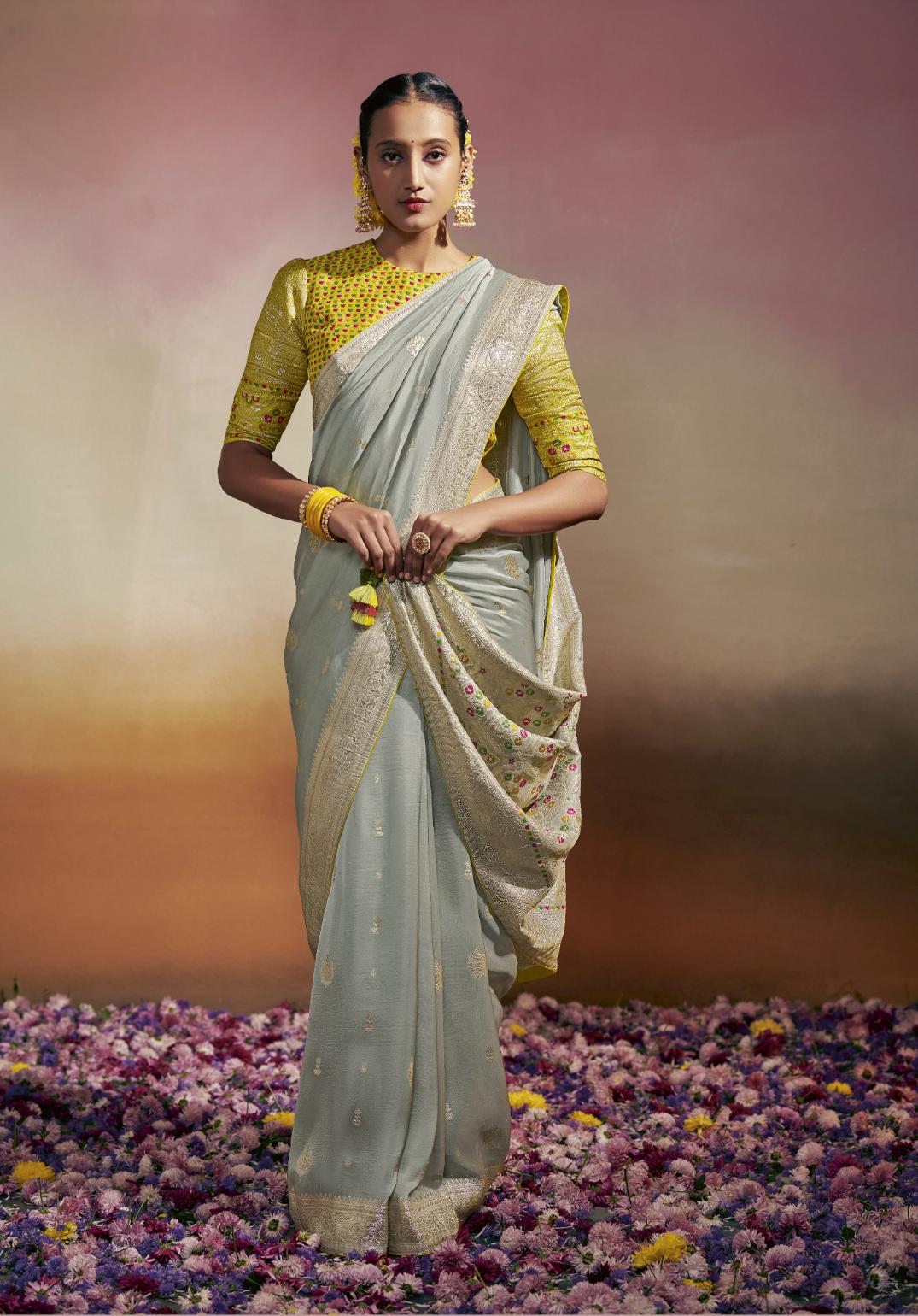 Smog Grey Viscose Silk Saree With Designer Blouse