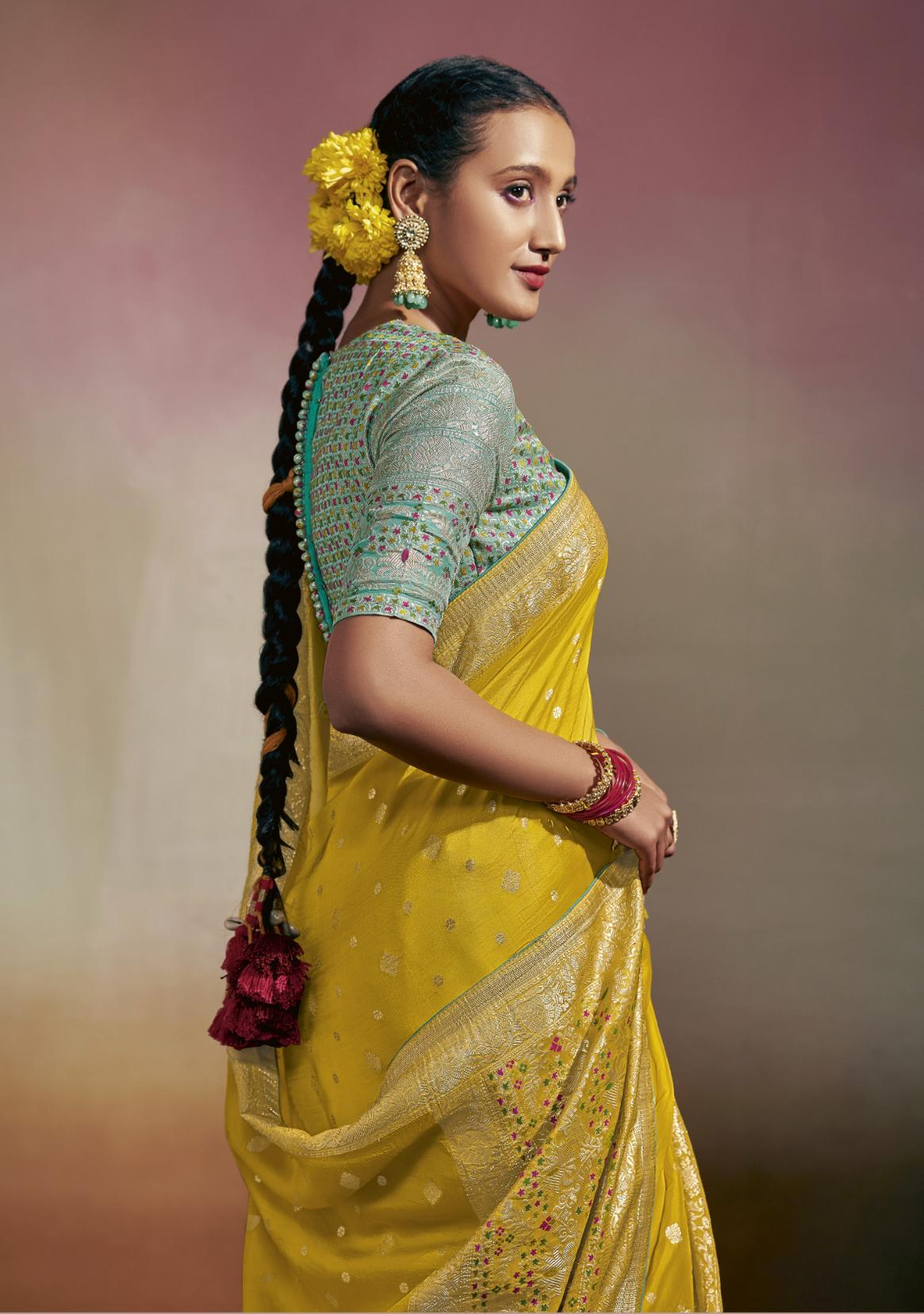 Daffodil Yellow Viscose Silk Saree With Designer Blouse