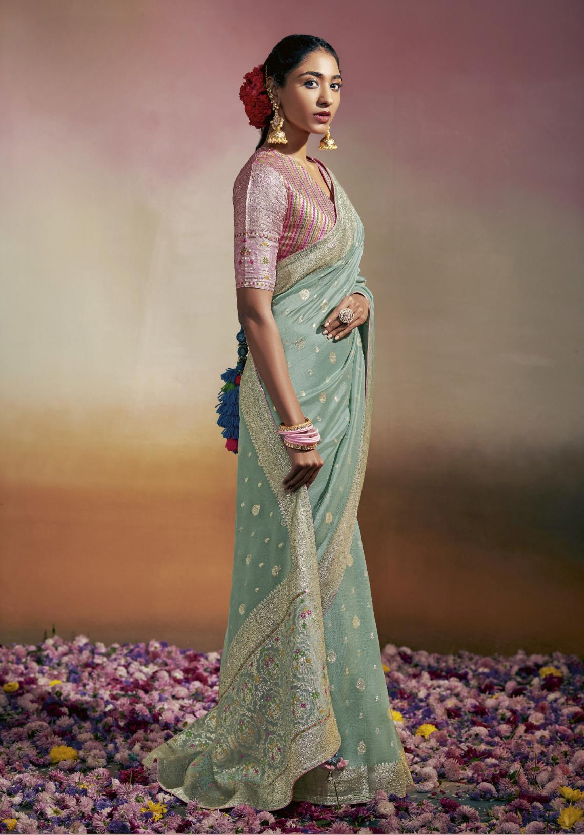 Stone Green Viscose Silk Saree With Designer Blouse