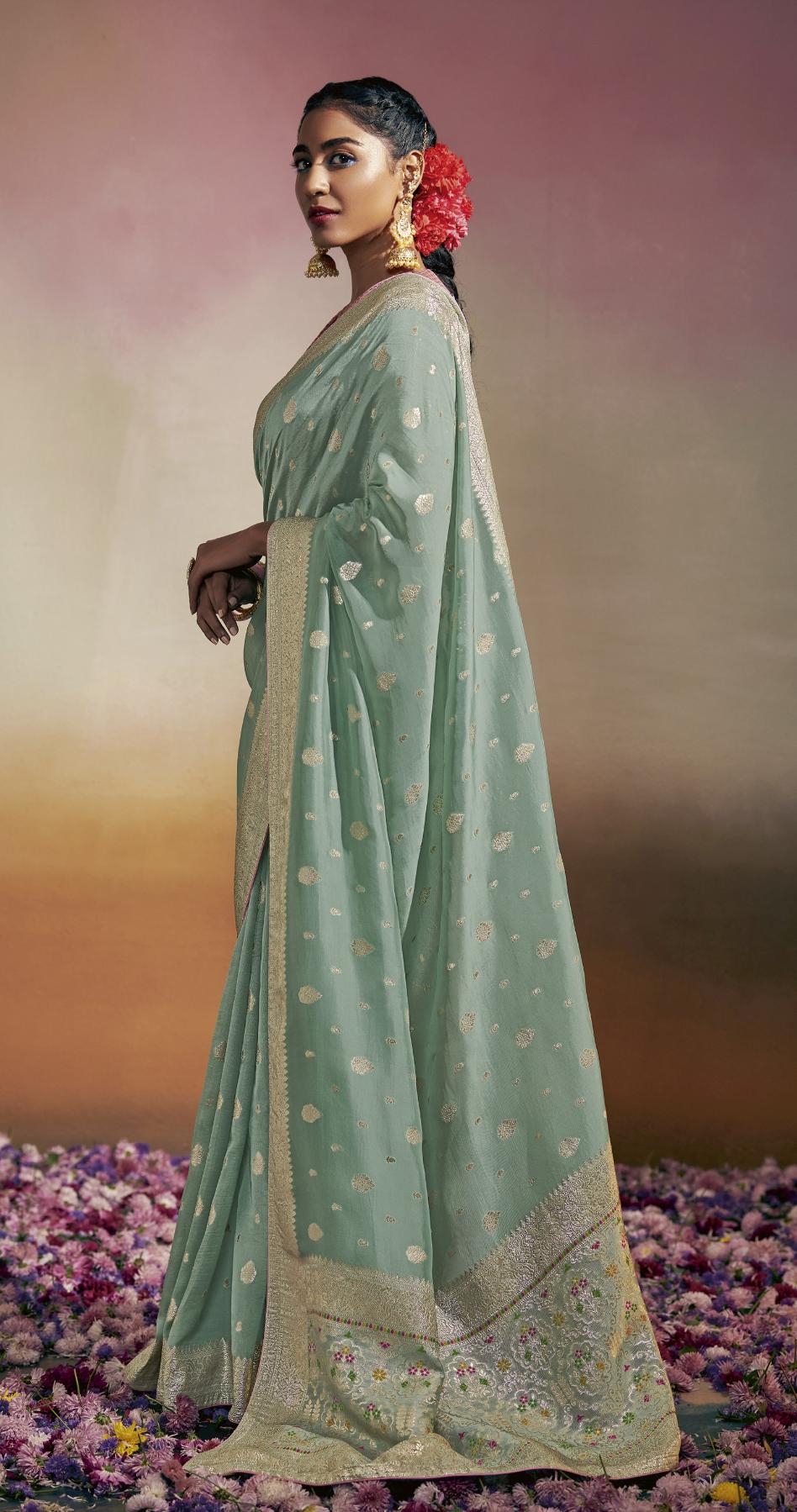 Stone Green Viscose Silk Saree With Designer Blouse