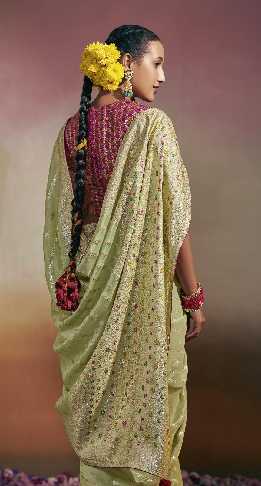 Pista Green Viscose Silk Saree With Designer Blouse