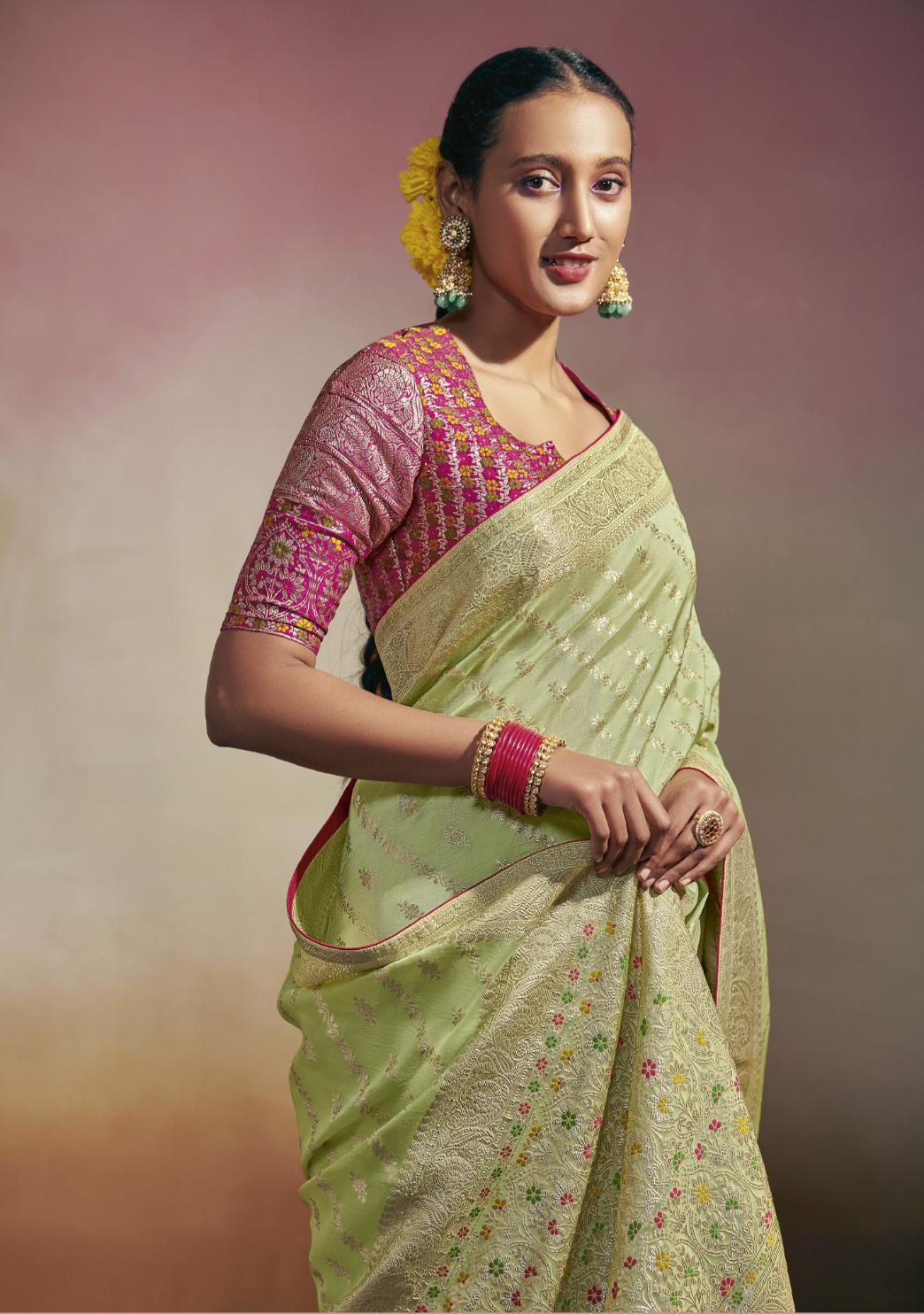 Pista Green Viscose Silk Saree With Designer Blouse