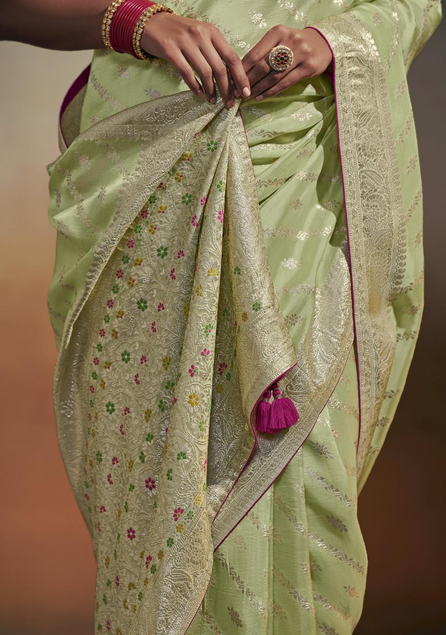 Buy Pista Green Color Zarikota Saree With Contrast Blouse Online At Best  Price