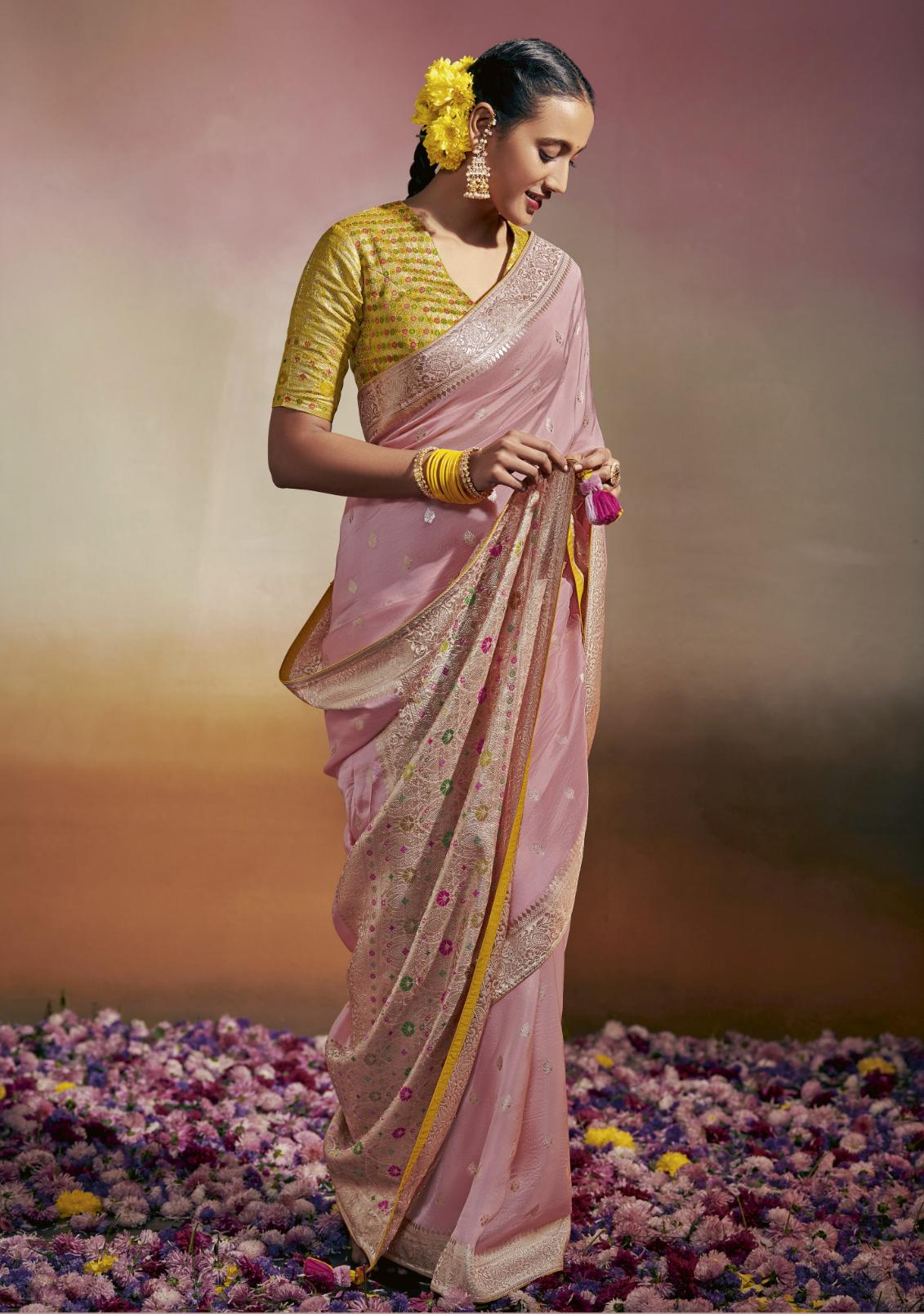 Plain pink saree outlet with designer blouse