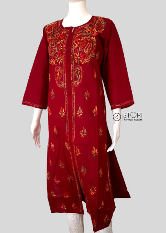 Maroon Pure Cotton Front Open Multithread Chikankari Kurti