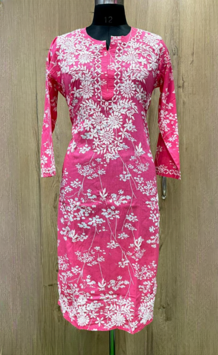 Bloom Bright Pink Printed Mulmul Cotton Chikankari Kurti